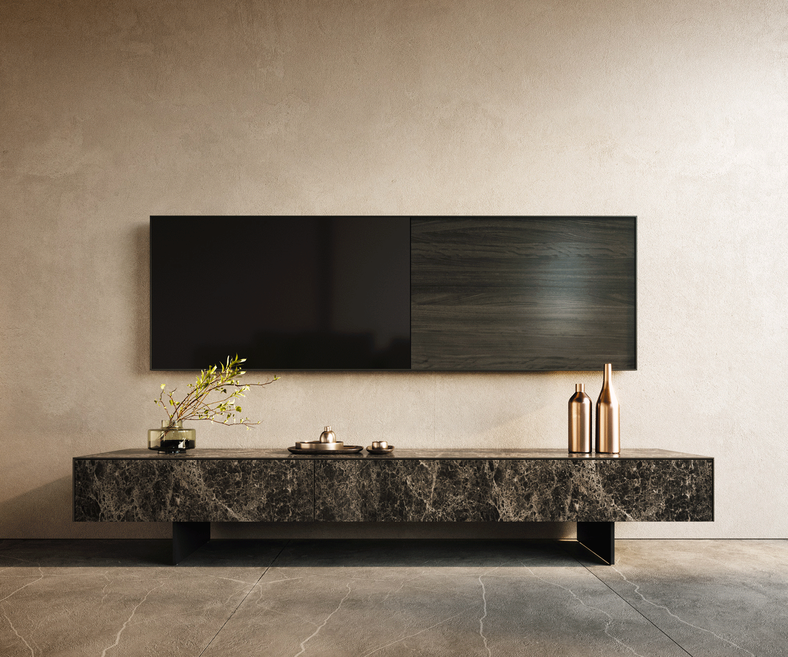 Meuble-TV Cuor 200 cm Céramique Emperador Extra Lucidato brun foncé 1 Clapet 1 Tiroir Pied optique flottant Métal Noir 1