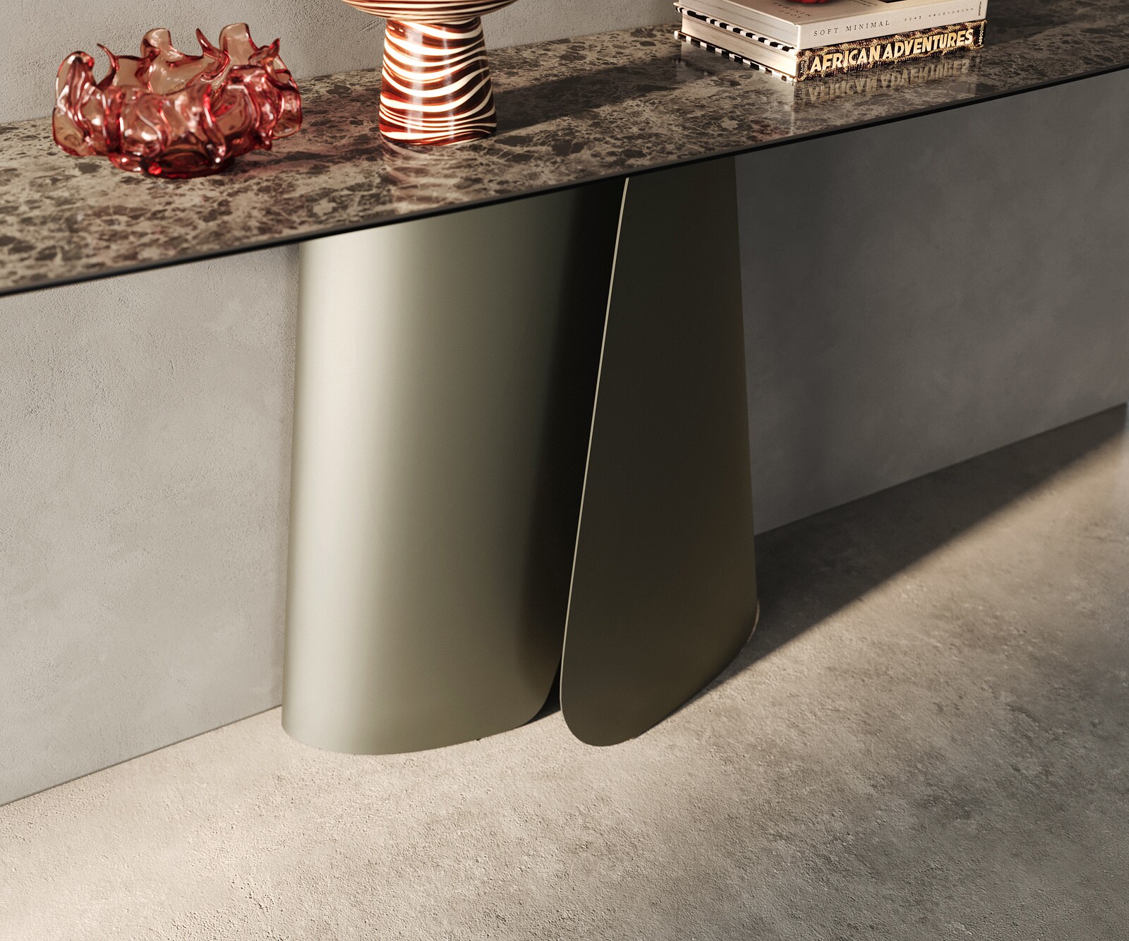 Console Edge forme bateau 180x40 cm Céramique Emperador Extra Lucidato Dunkelbraun Livos Métal Effektfinish Titan 5
