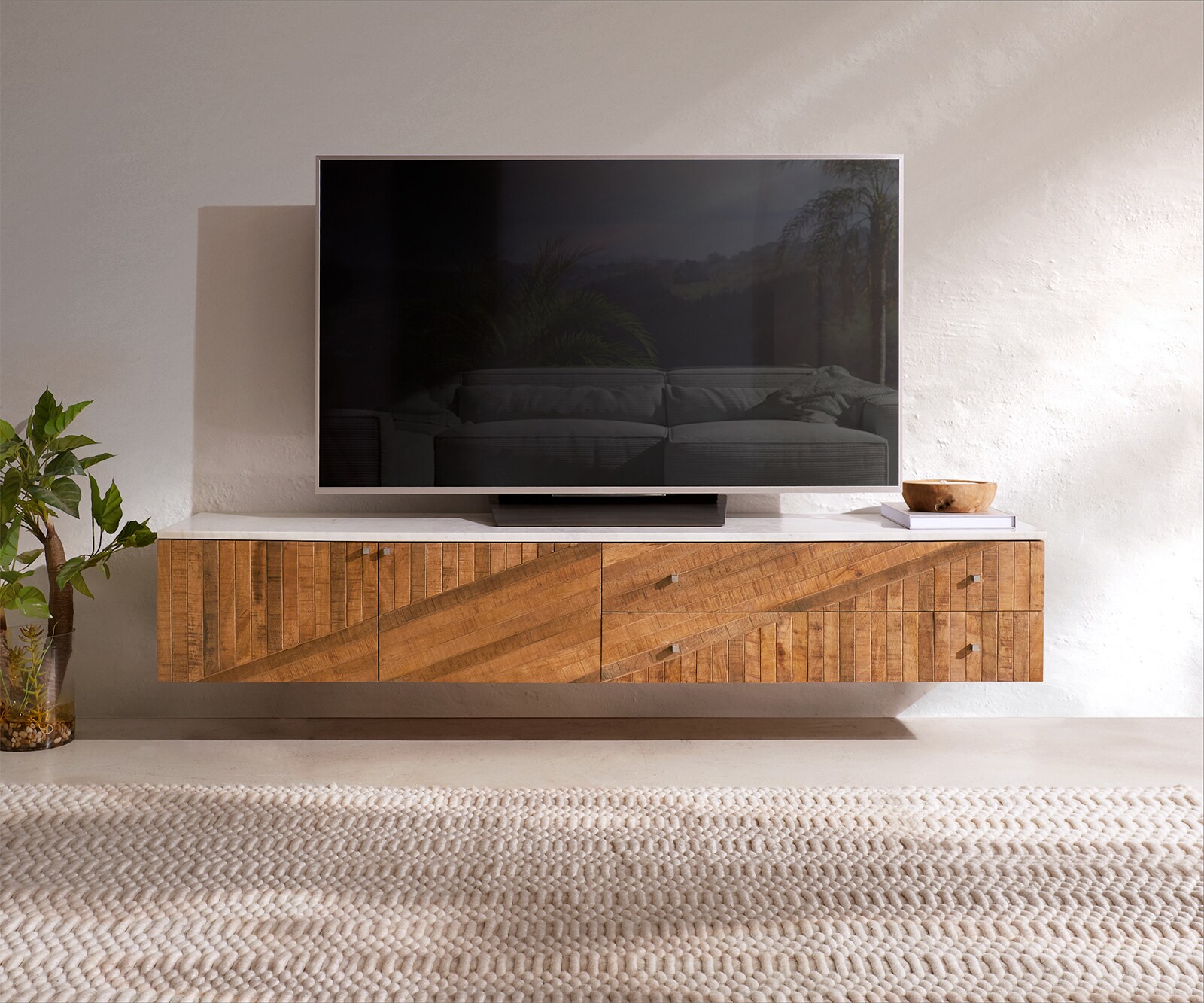 Meuble-TV Bahan 175 cm Mangue Teck 2 portes 2 tiroirs Plateau marbre blanc flottant 1