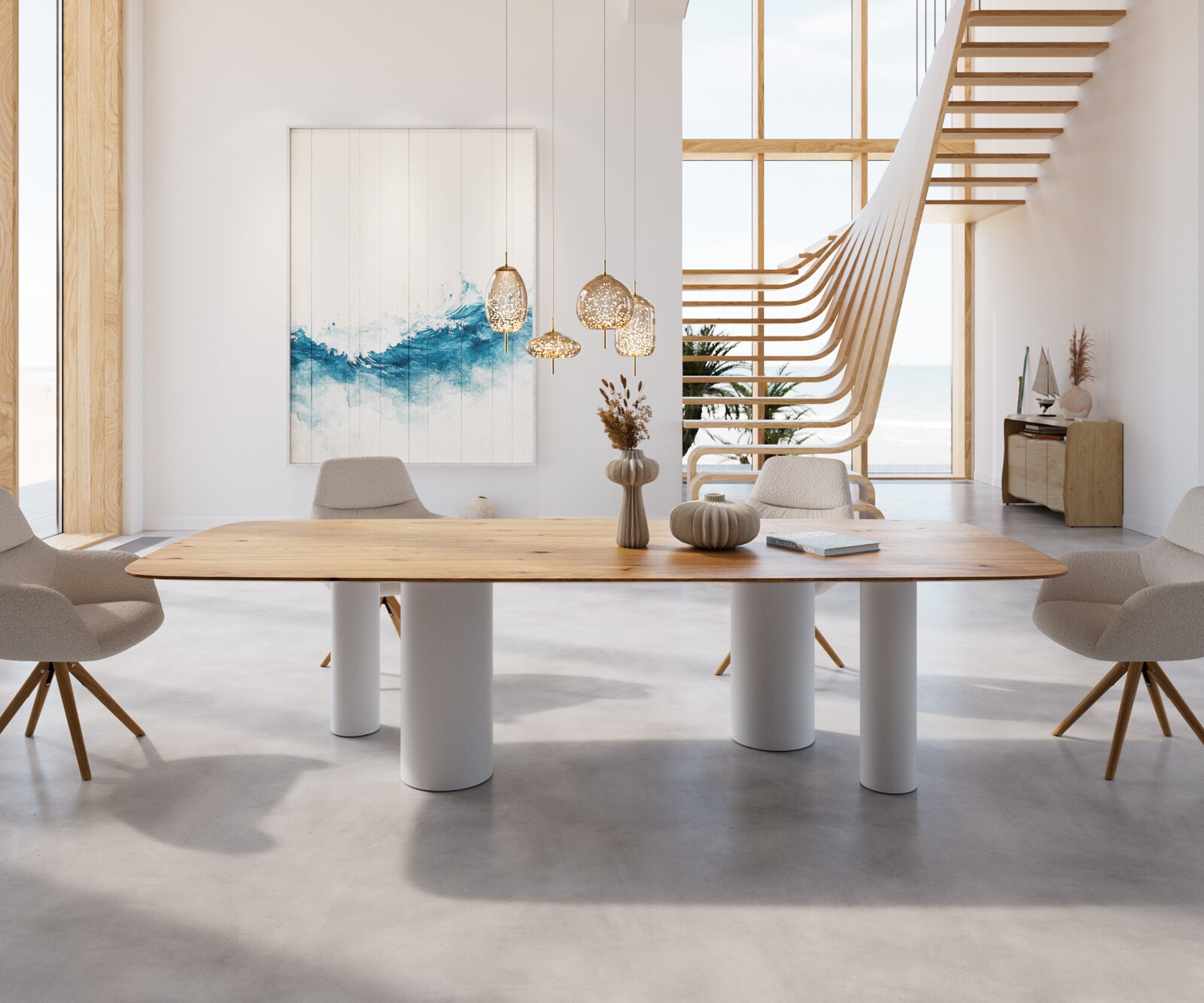 Table à manger Edge Boot 300x120x2,5-3 Chêne Nature Pilier Métal Blanc Bord suisse 2