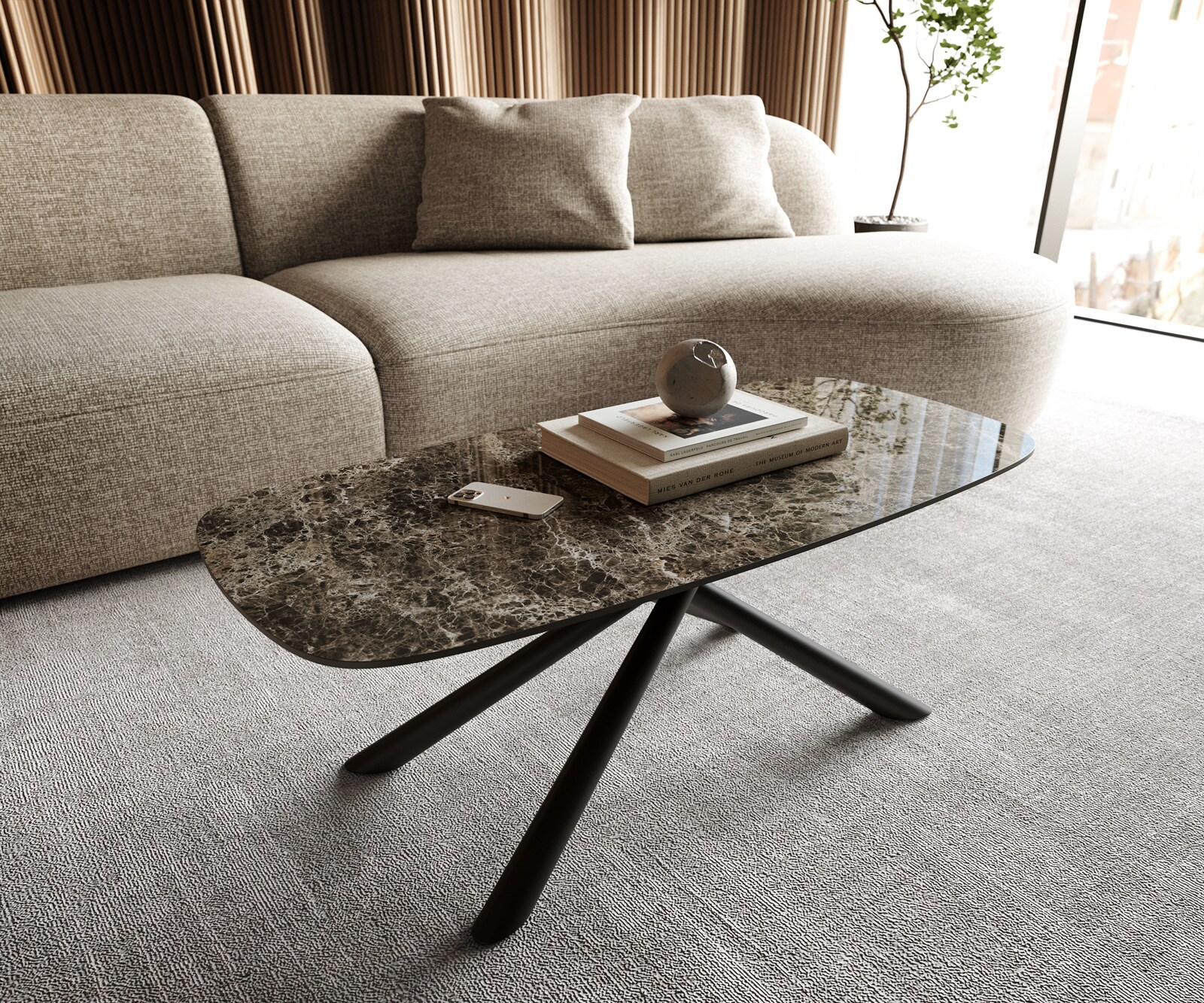 Table basse Edge Boot 100x50 cm céramique Laminam® Emperador Extra Lucidato brun foncé Sarity métal noir 1