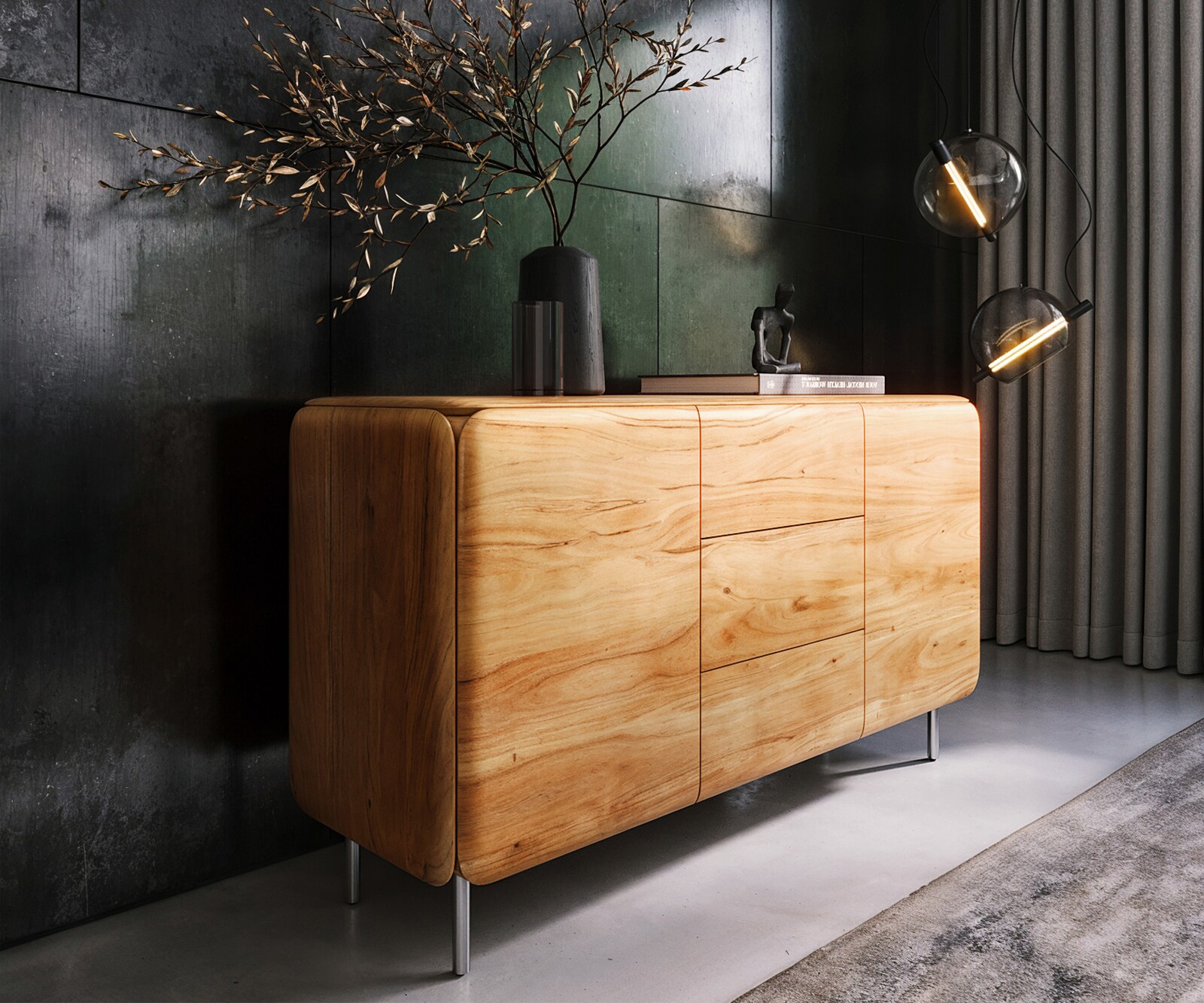 Buffet Shavani 145 cm, acacia naturel, 2 portes, 3 tiroirs, pieds arrondis en acier inoxydable argenté