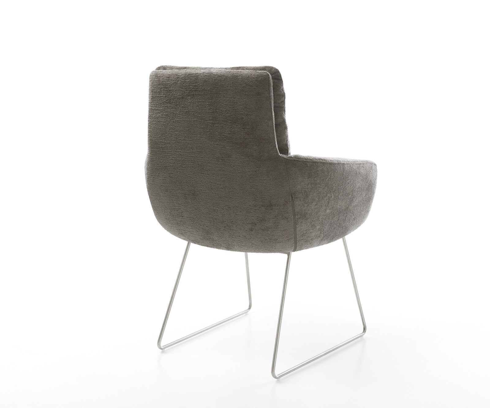 Chaise-de-salle-à-manger Abelia-Flex avec accoudoirs bouclé doux couleur boue pied trapèze acier inoxydable 5