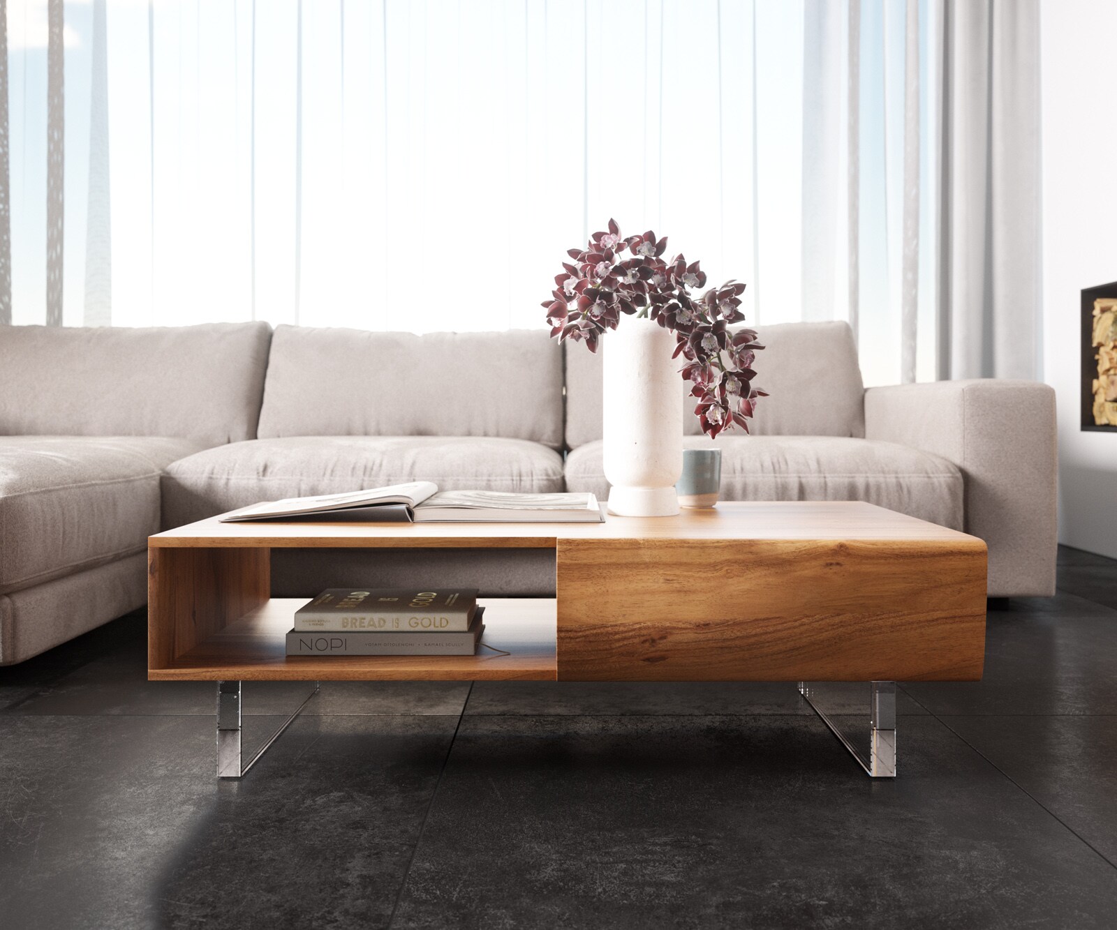 Table-basse New Live-Edge 115x60 cm acacia naturel 2 tiroirs 1 compartiment pied acrylique 1