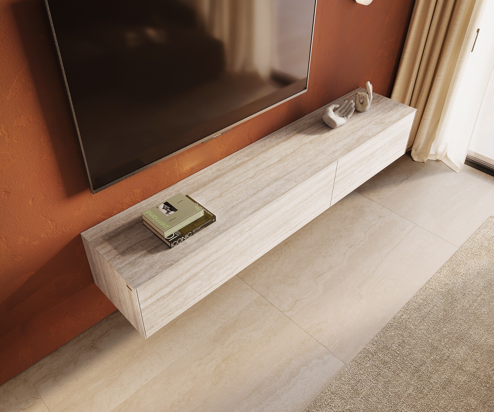 Lowboard Cuor 220 cm Keramik Laminam® Travertino Bianco Creme-Weiß 1 Klappe 2 Schubfächer Schwebend 3