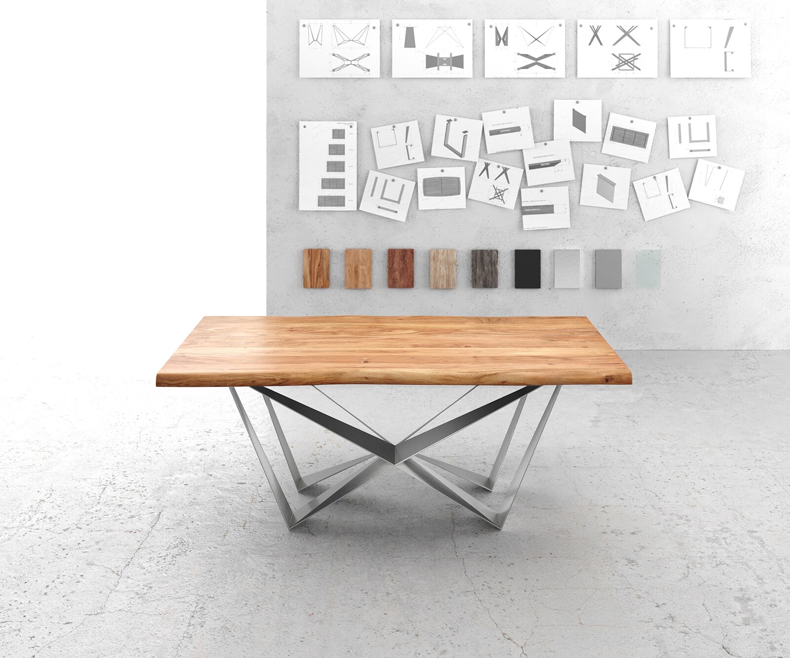 Table à manger Edge 200x100 XL acacia naturel Spider acier plat acier inoxydable Live-Edge 1