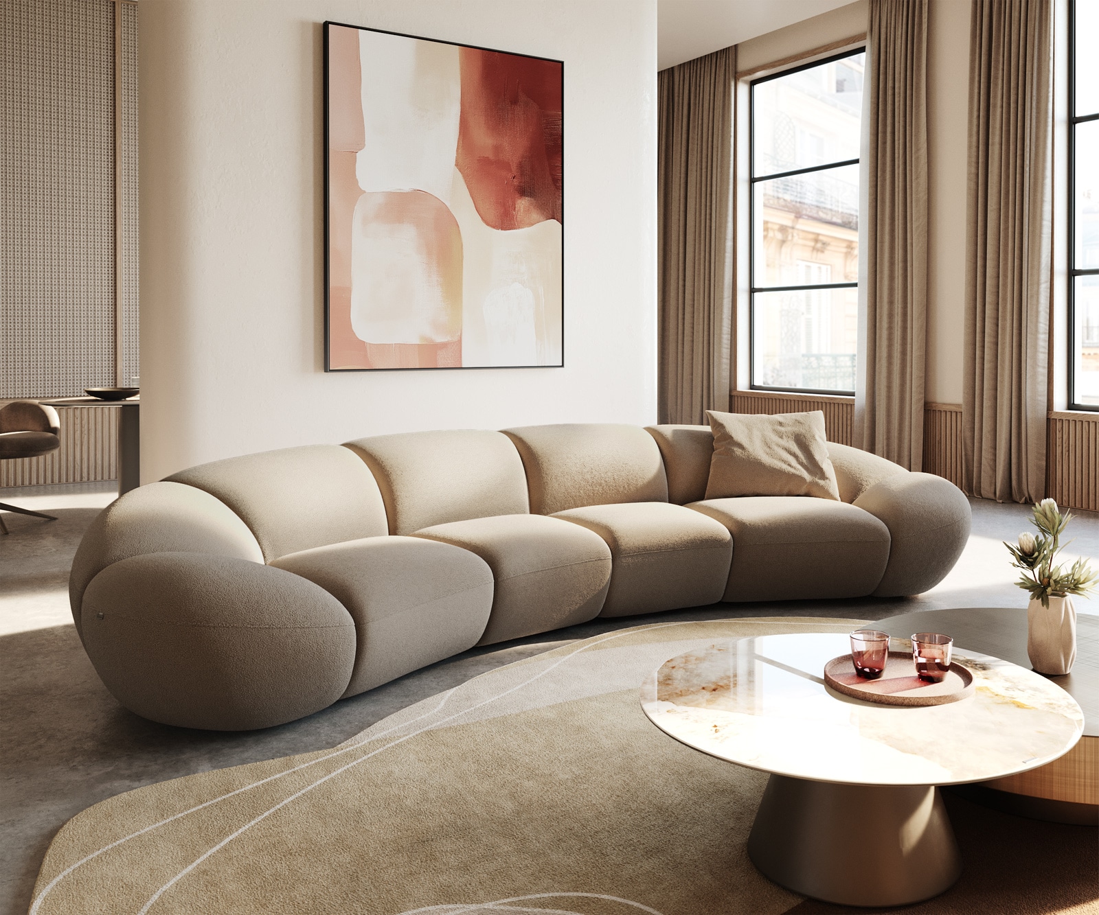 Big-Sofa Lunna 360x175 cm Fein Bouclé Taupe 2 Kissen