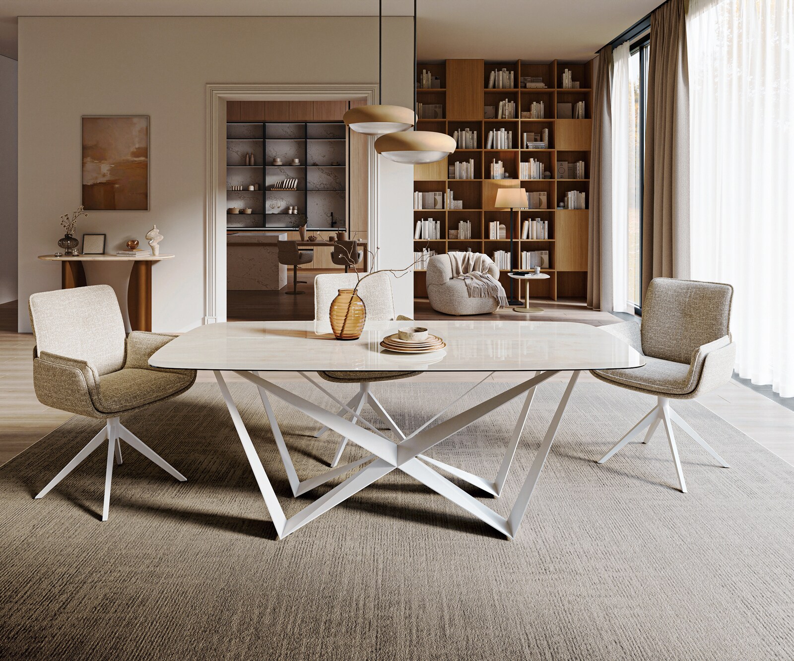 Esstisch Edge Boot 200x100 cm Keramik Onyx Champagne Spider Metall Weiß 1