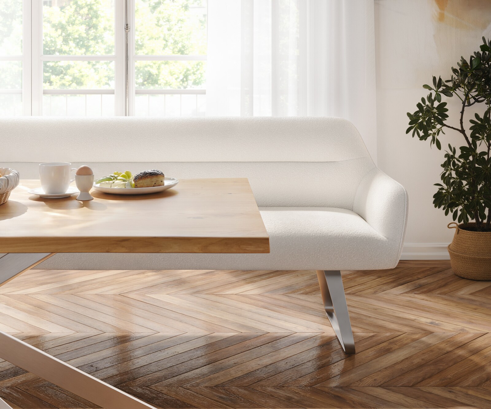 Esszimmerbank Taya-Flex 200 cm Bouclé Creme-Weiß Kufengestell flach Edelstahl Taschenfederkern 3