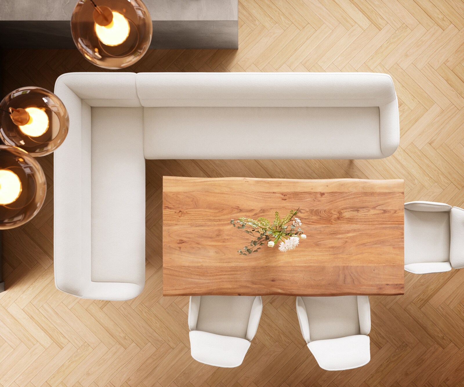 Banc-de-salle-à-manger Taya-Flex 285x190 cm bouclé crème-blanc châssis à patins plat acier inoxydable ressort ensaché à droite 5