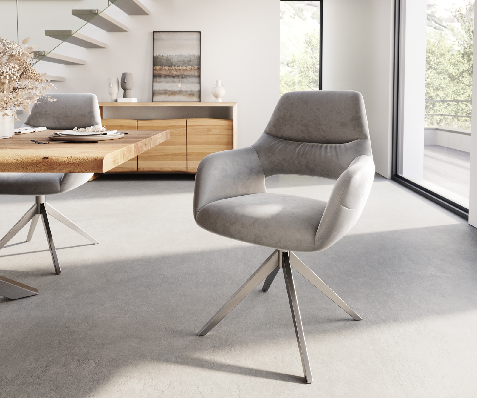 Esszimmerstuhl Yago-Flex mit Armlehnen Samt Grau Kreuzgestell breit Edelstahl Taschenfederkern Esszimmerstuhl Yago-Flex mit Armlehnen Samt Grau Kreuzgestell breit Edelstahl Taschenfederkern