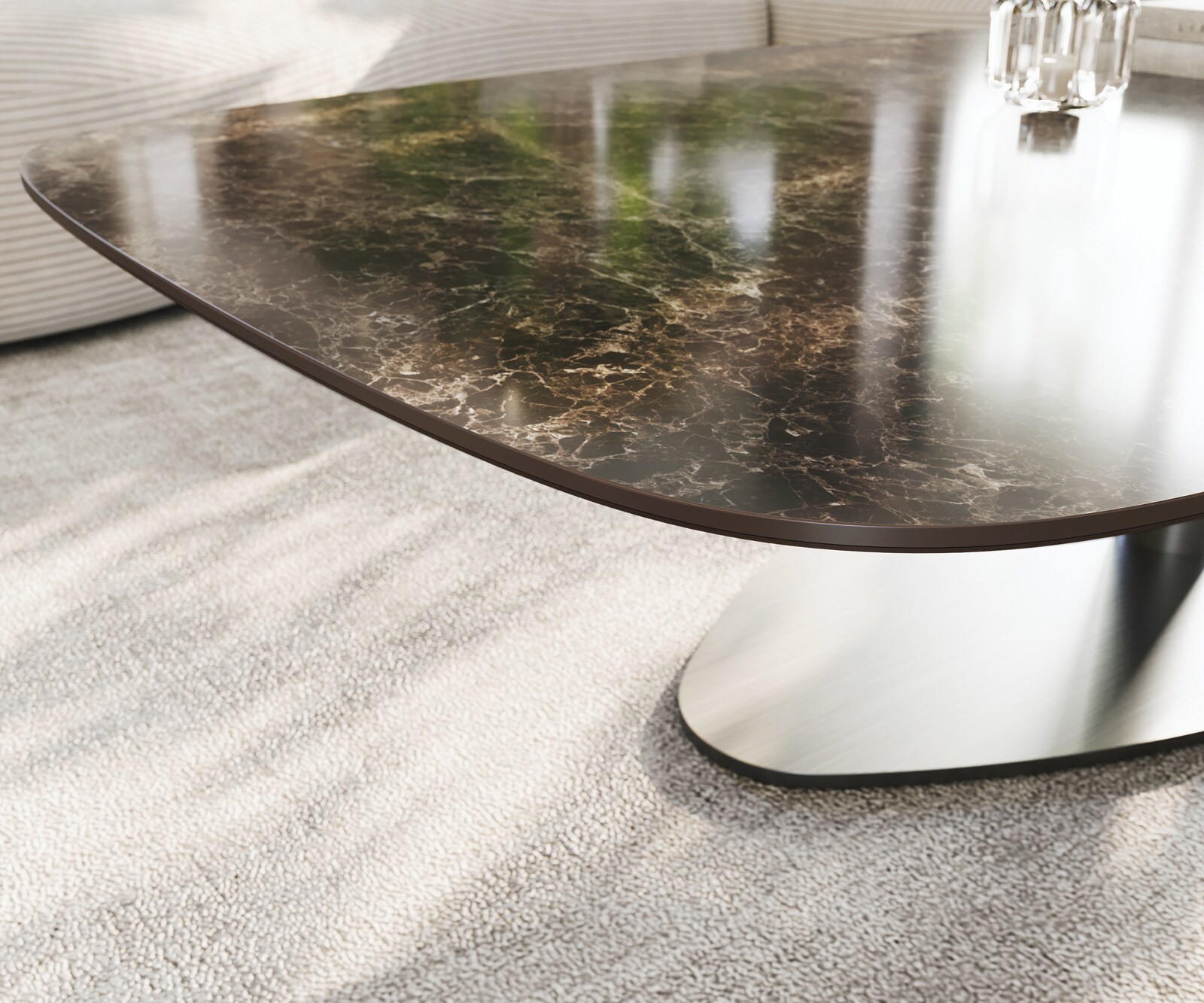 Couchtisch Edge Boot 140x80 cm Keramik Laminam® Emperador Extra Lucidato Dunkelbraun Vibany Edelstahl gebürstet 5