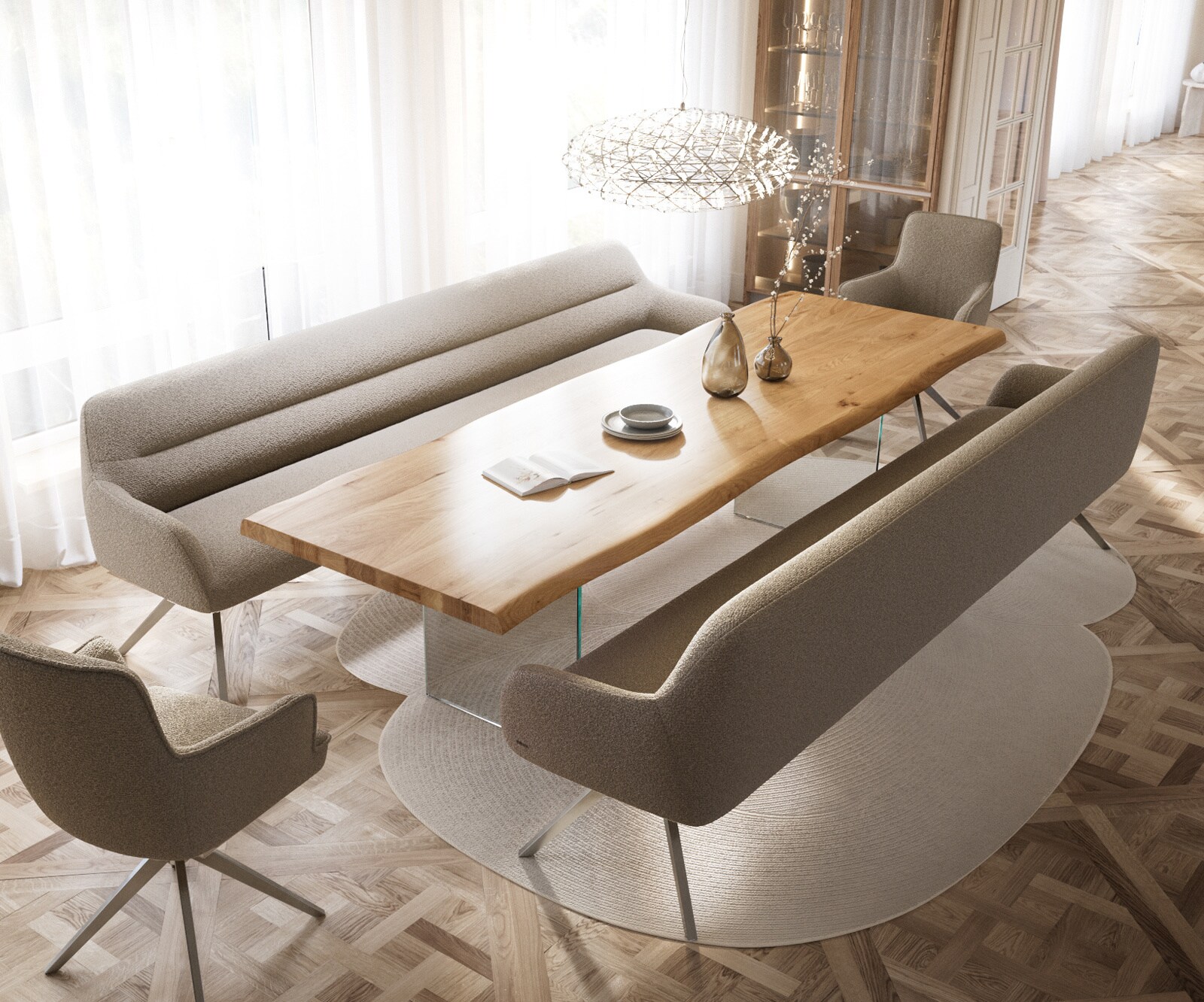 Esszimmerbank Taya-Flex 300 cm Bouclé Schlamm Kreuzgestell kantig Edelstahl Taschenfederkern 3