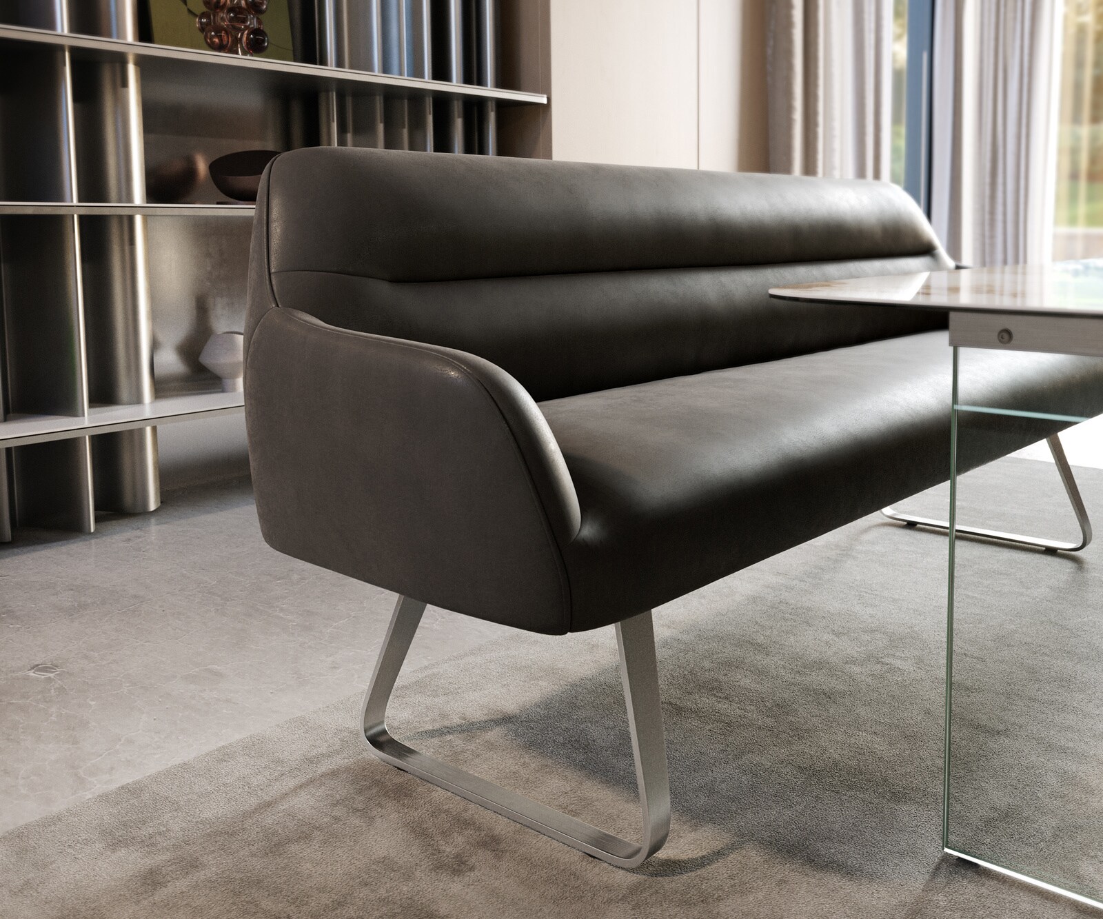 Banc-de-salle-à-manger Taya-Flex 200 cm microfibre antracite vintage châssis à patins plat acier inoxydable ressort ensaché 4