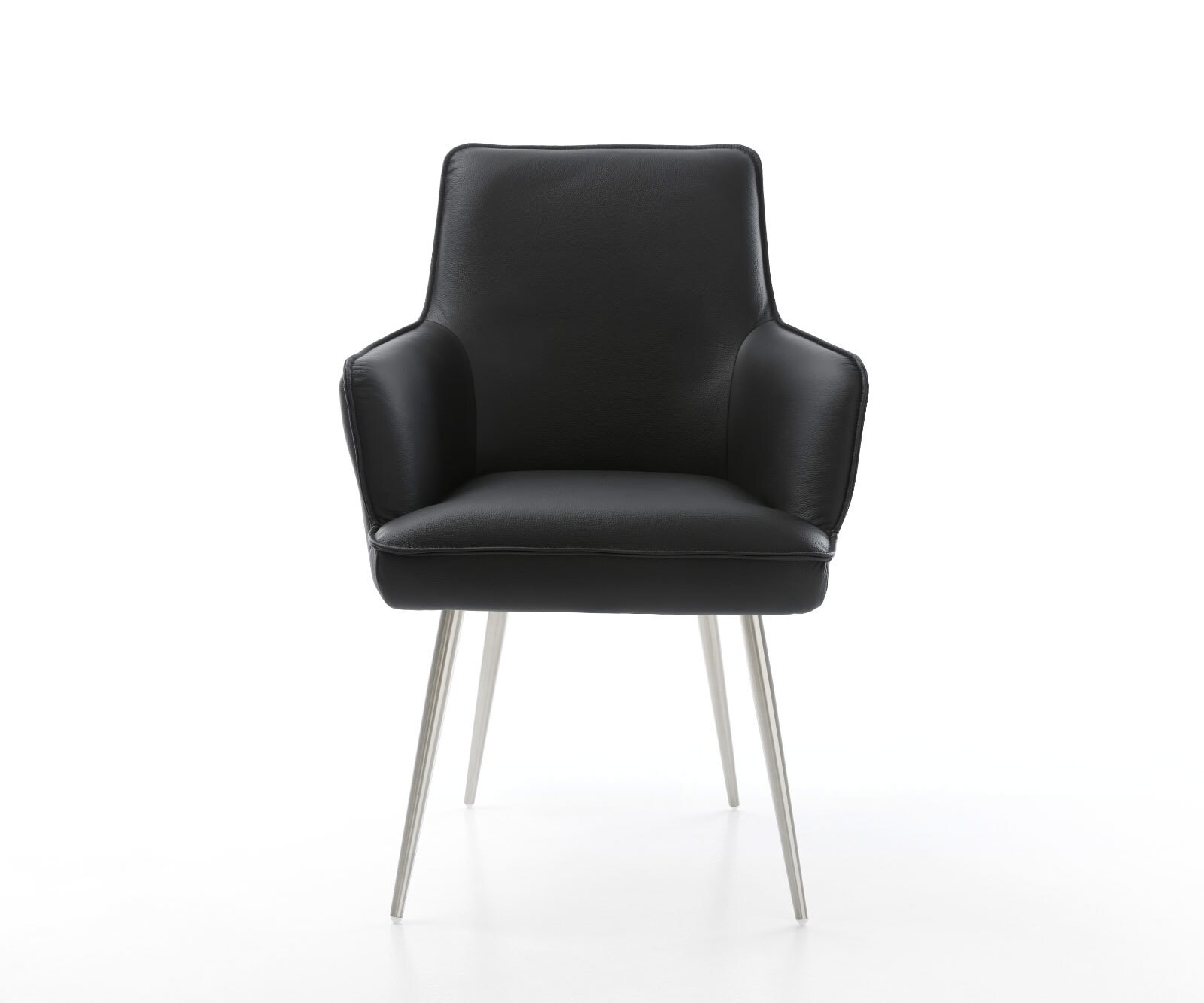 Chaise-de-salle-à-manger Heira-Flex avec accoudoirs cuir de vache noir 4 pieds coniques acier inoxydable brossé ressorts ensachés 1