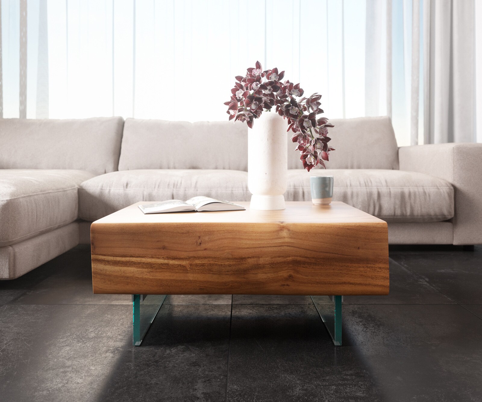 Couchtisch New Live-Edge 80x60 cm Akazie Natur 2 Schubladen Glasfuß schwebend 2