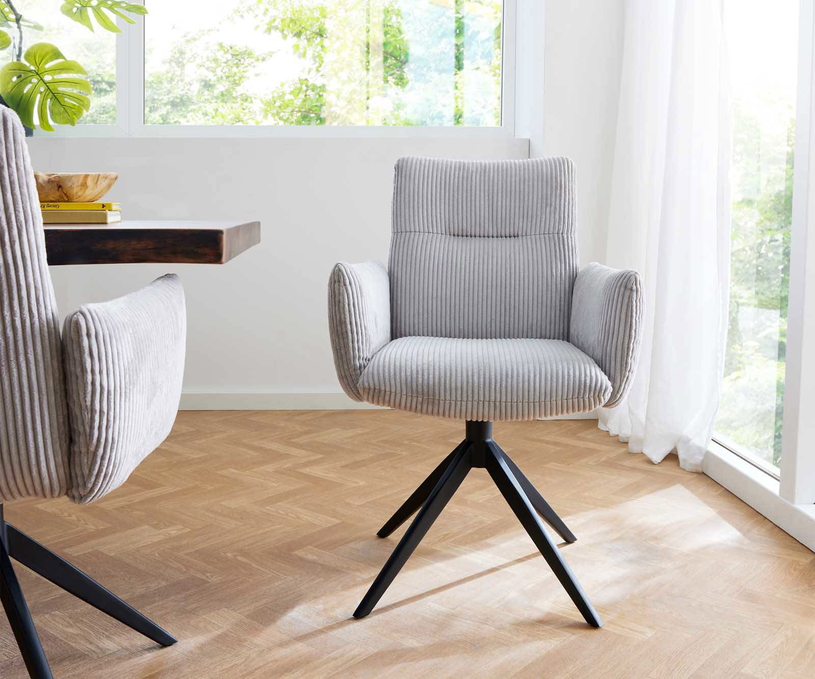 Chaise-pivotante Jova-Flex avec accoudoirs côtelé gris argenté pied croisé large noir pivotement sur 360° ressorts ensachés 2 Chaise-pivotante Jova-Flex avec accoudoirs côtelé gris argenté pied croisé large noir pivotement sur 360° ressorts ensachés 2