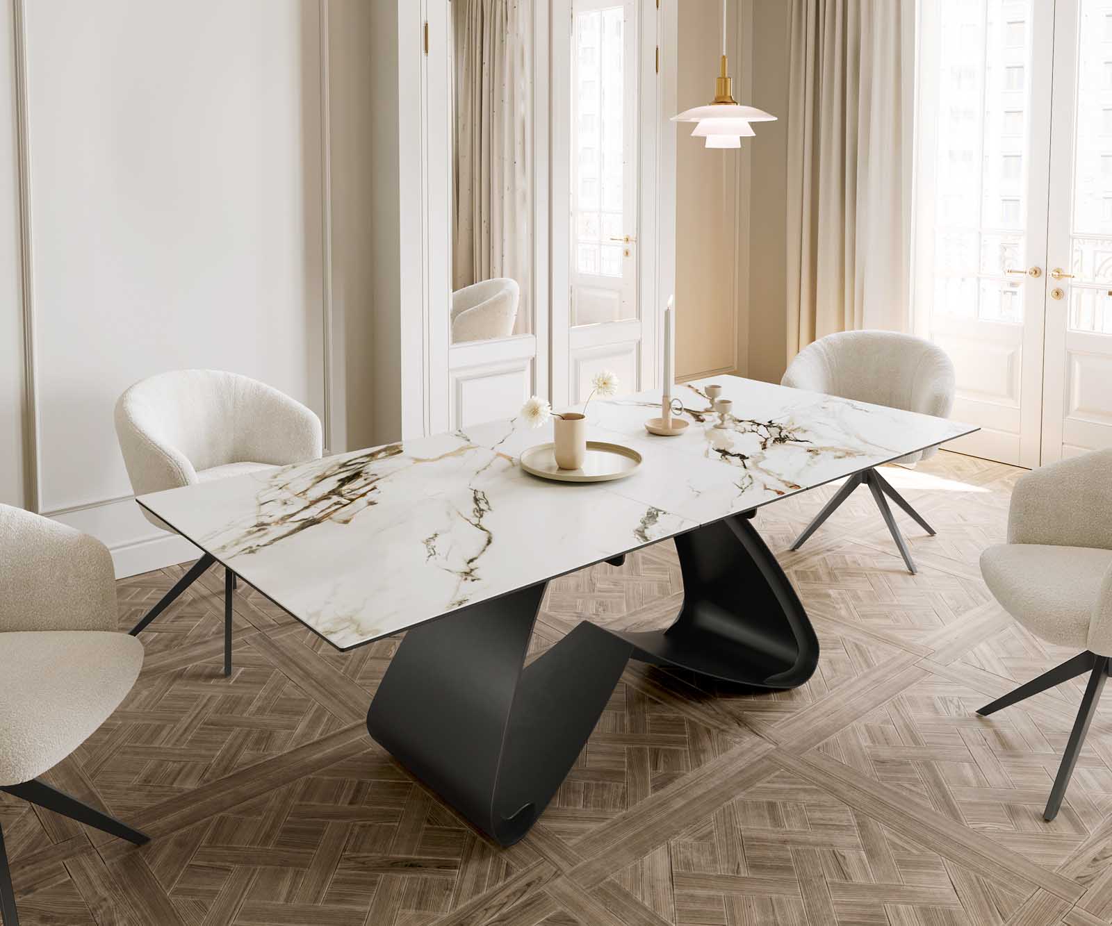 Esstisch Edge 180-220x100 Keramik Calacatta Luxe Weiß-Gold-Grau W-Gestell Schwarz ausziehbar Esstisch Edge 180-220x100 Keramik Calacatta Luxe Weiß-Gold-Grau W-Gestell Schwarz ausziehbar