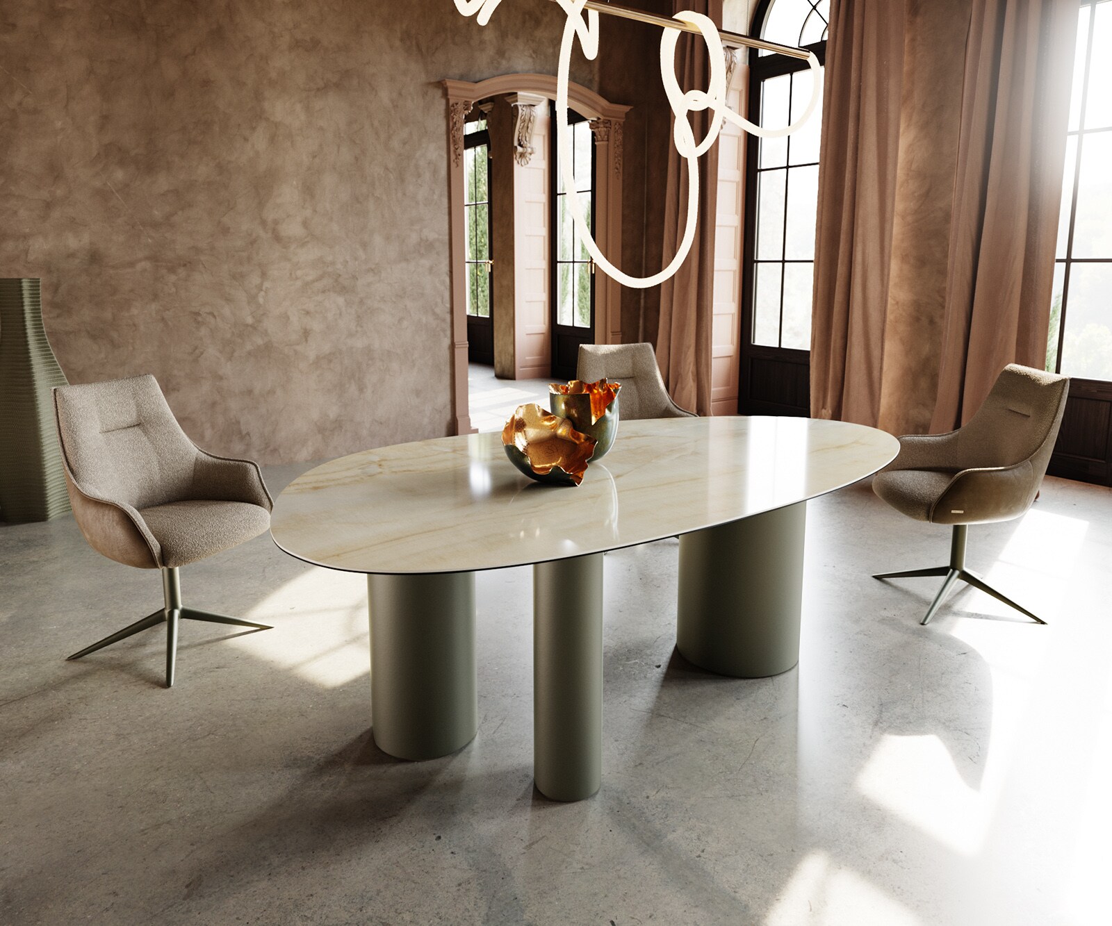 Esstisch Edge Oval 220x120 Keramik Iris FMG Onice Oro Troa Metall Effektfinish Titan 1