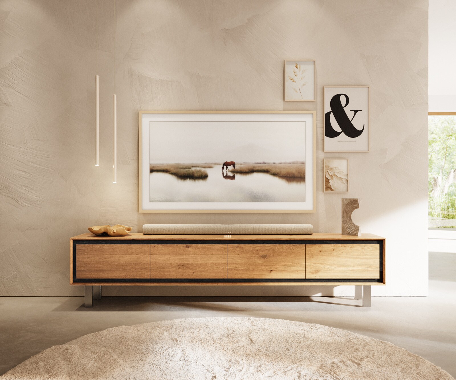 Meuble-TV tonegrace 200 cm chêne naturel 4 portes pied carré inoxydable brossé 2