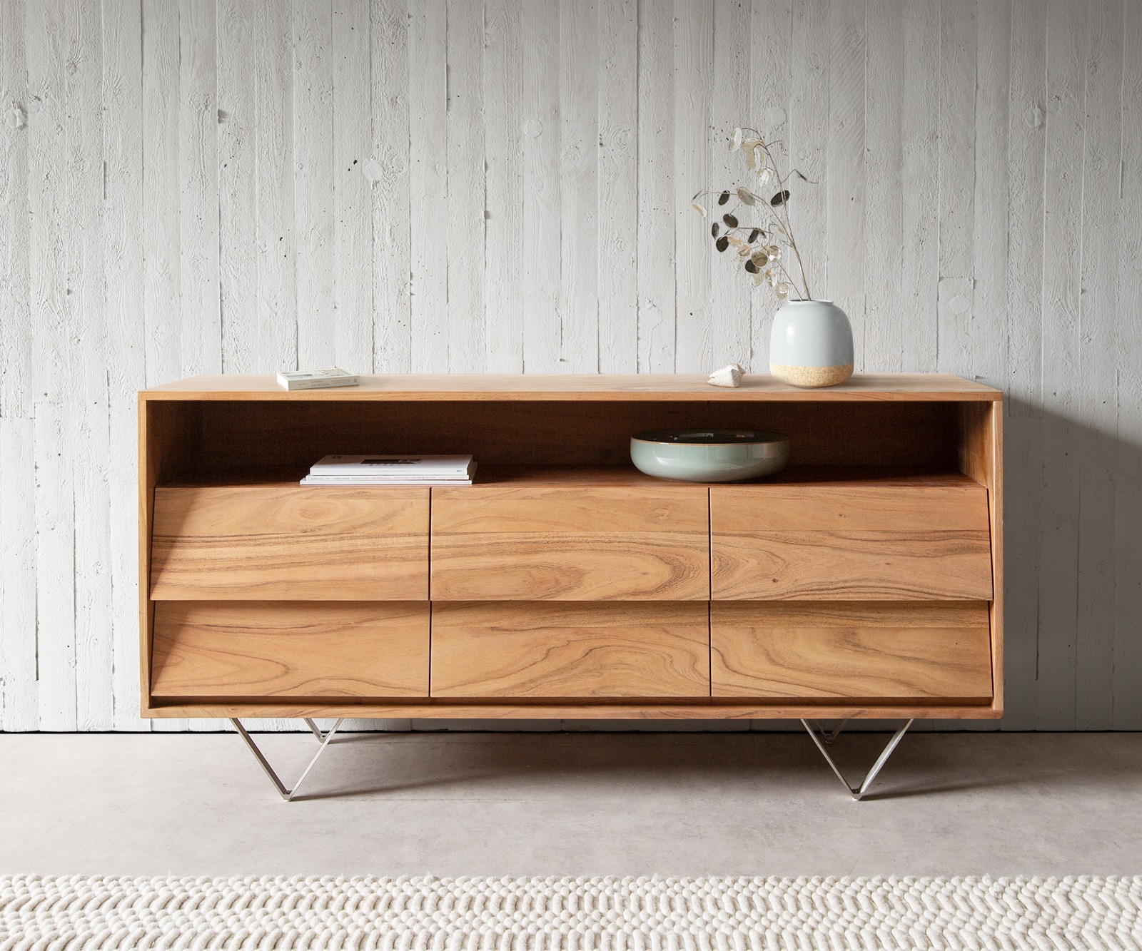 Sideboard Eloi 145x40 cm Akazie Natur 6 Schubladen V-Fuß Edelstahl 1 Sideboard Eloi 145x40 cm Akazie Natur 6 Schubladen V-Fuß Edelstahl 1