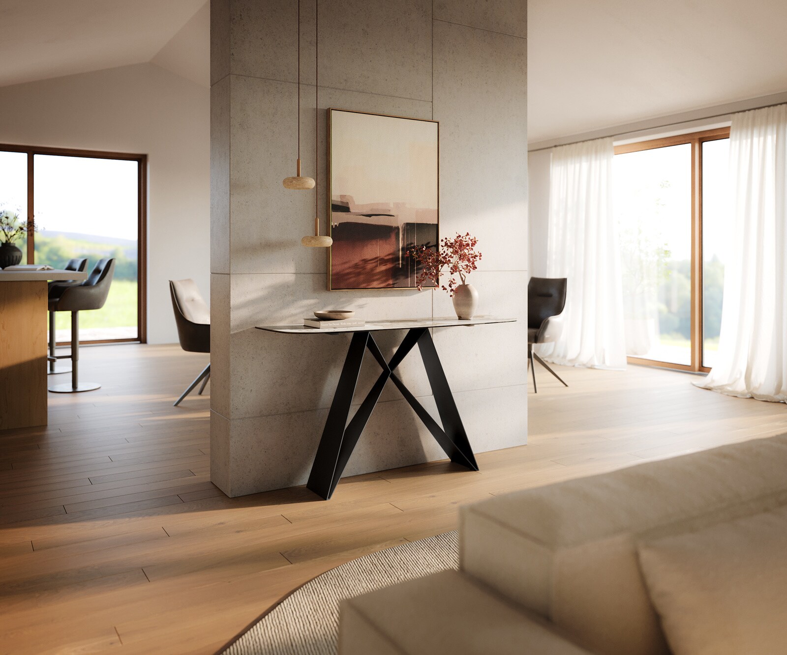 Console Edge forme bateau 140x40 cm Céramique Minas Melange Weiß-Beige Velio Métal Noir 7