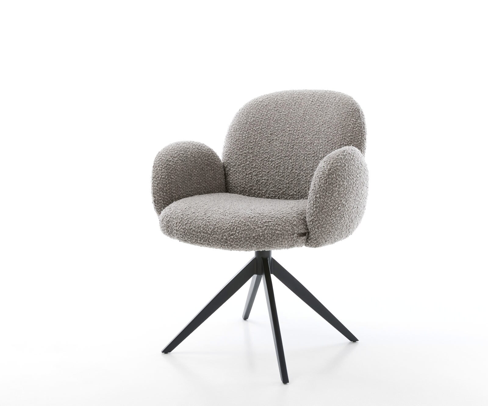 Chaise-pivotante Nube-Flex avec accoudoirs bouclé gris argenté pied croisé large noir ressorts ensachés pivote sur 360°