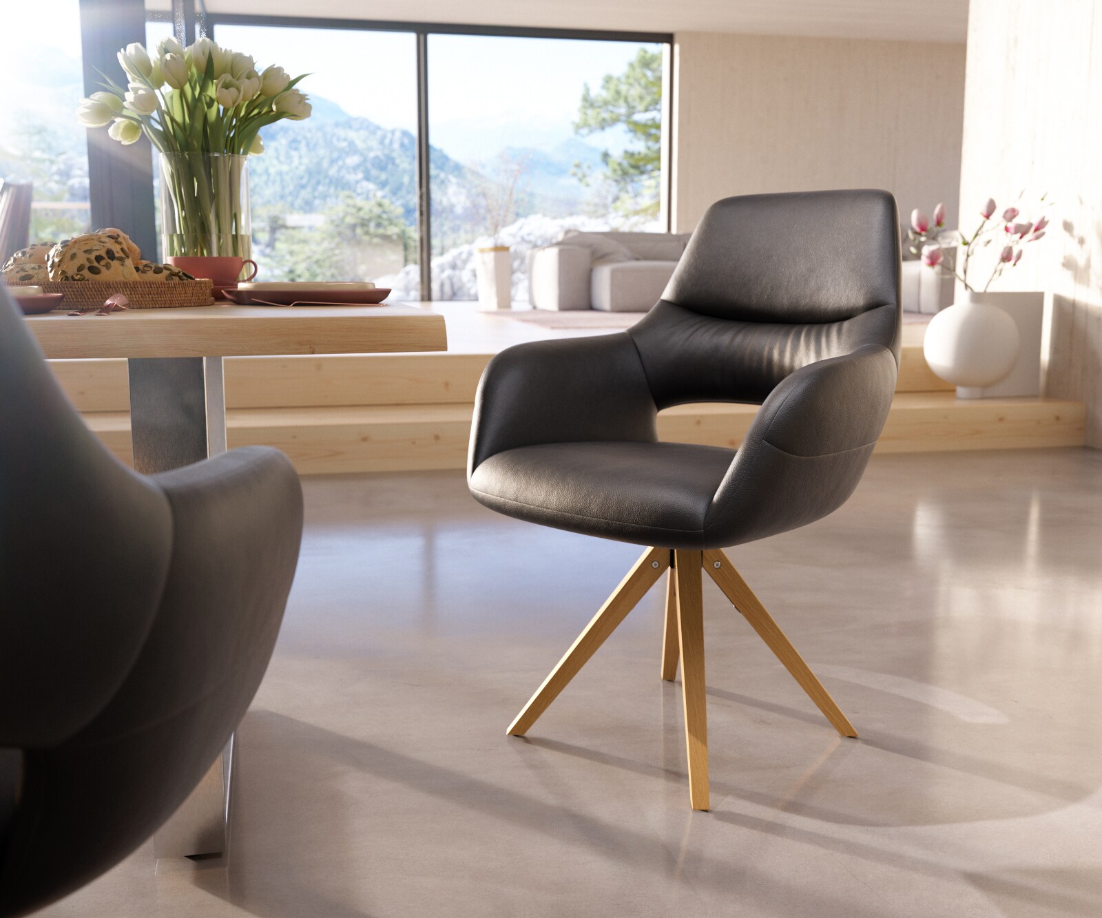 Chaise-pivotante Yago-Flex avec accoudoirs cuir véritable noir cadre en bois angulaire pivote sur 180°