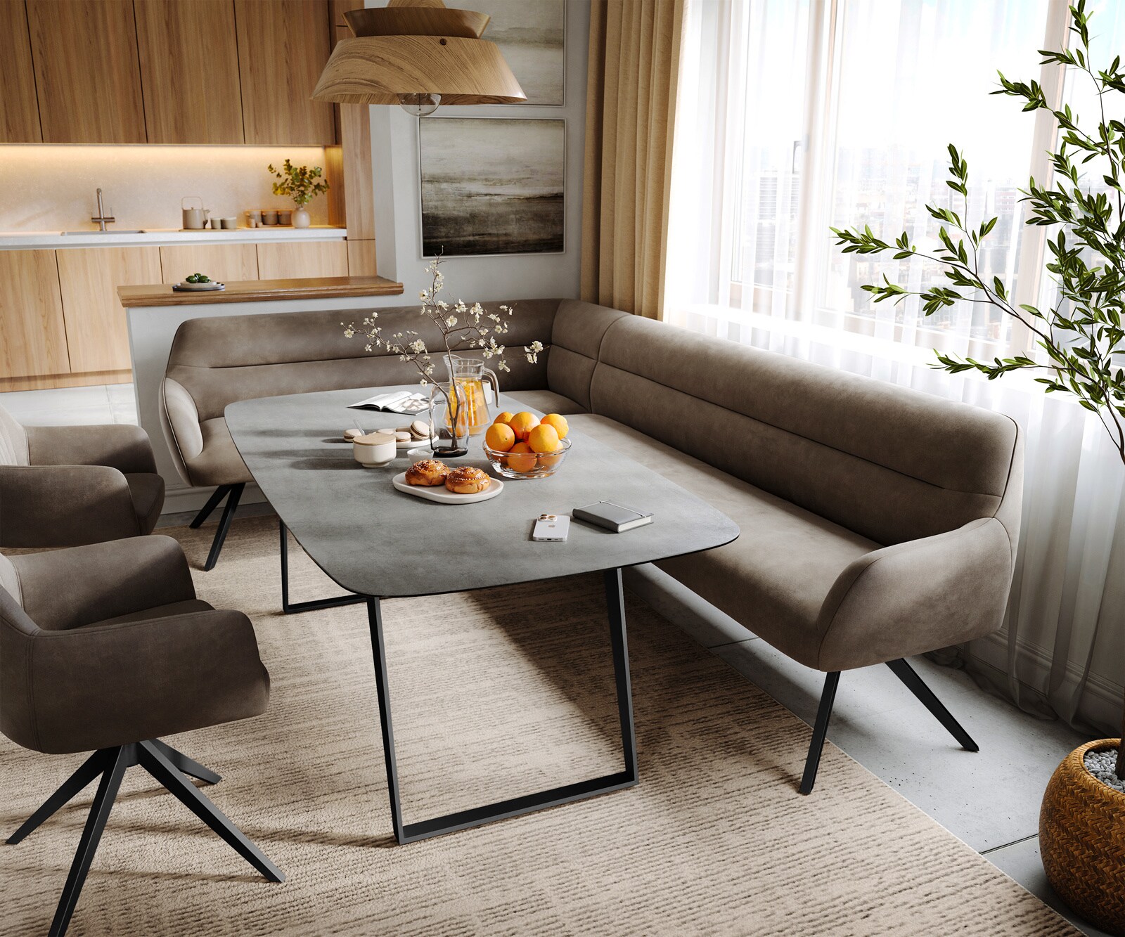 Esszimmerbank Taya-Flex 285x190 cm Mikrofaser Taupe Vintage Kreuzgestell kantig Schwarz Taschenfederkern Rechts