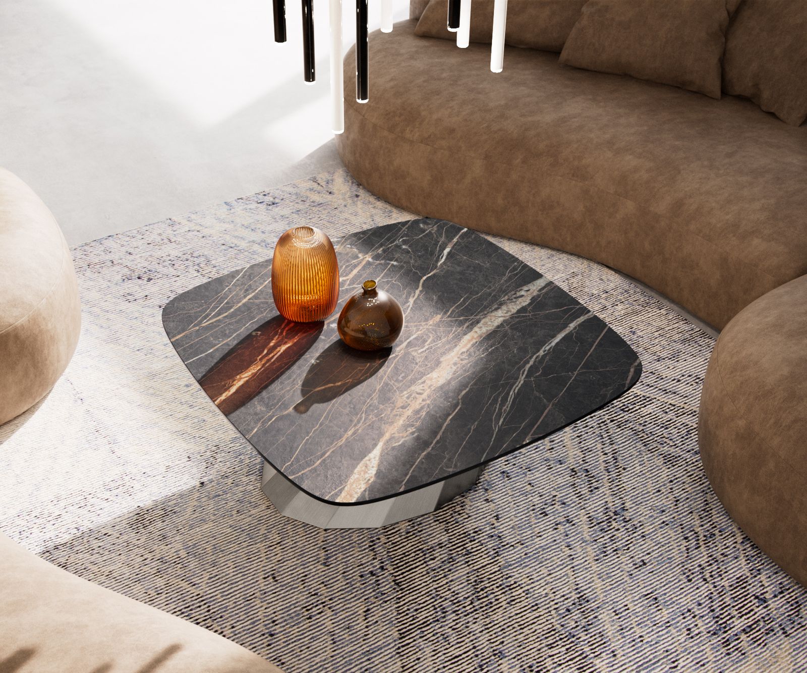 Couchtisch Edge Boot 90x90 cm Keramik Laminam® Noir Desir Braun Parabi Edelstahl gebürstet 4