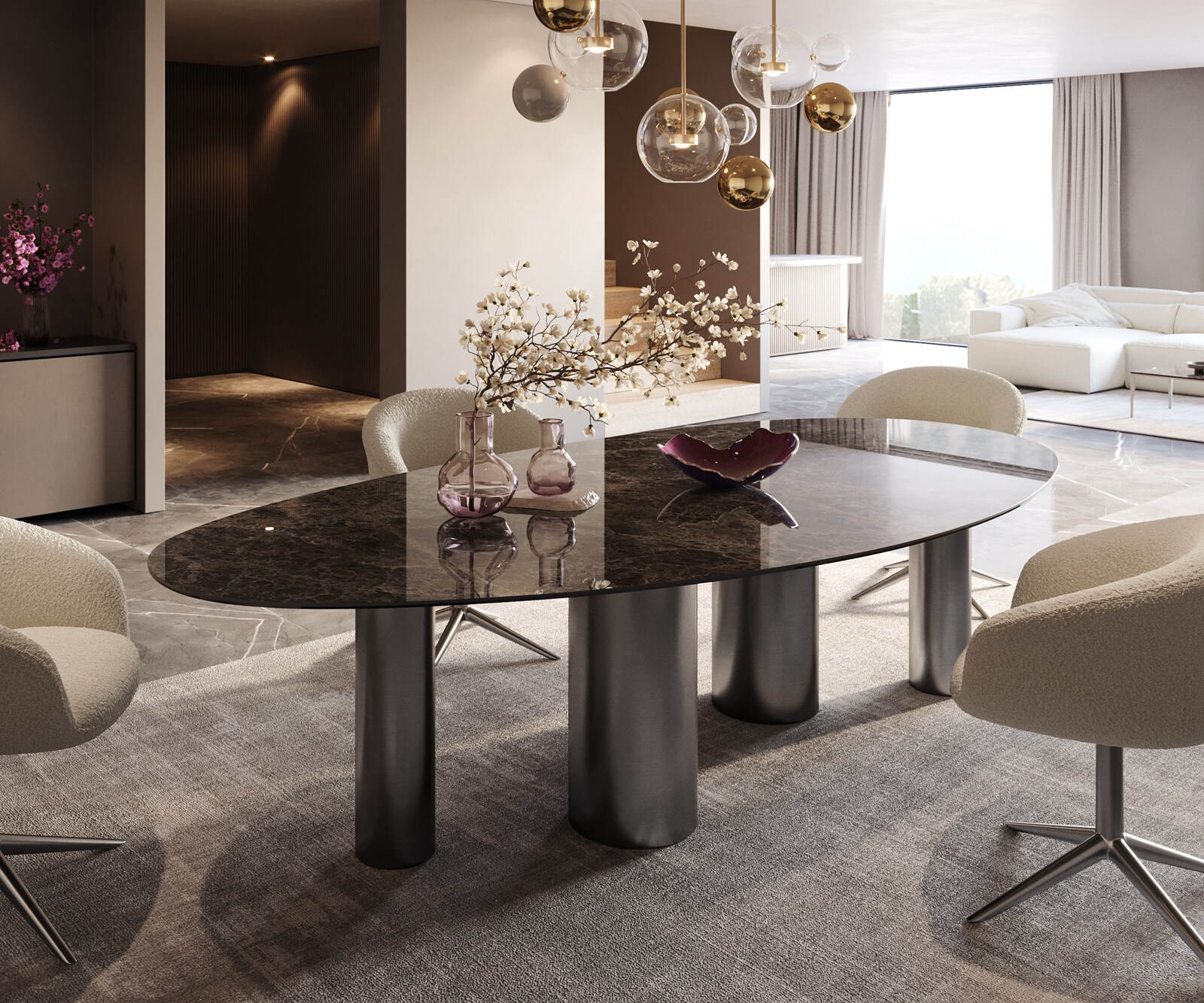 Esstisch Edge Oval 280x130 Keramik Laminam®Emperador Extra Lucidato Dunkelbraun Pilier Edelstahl Graphit