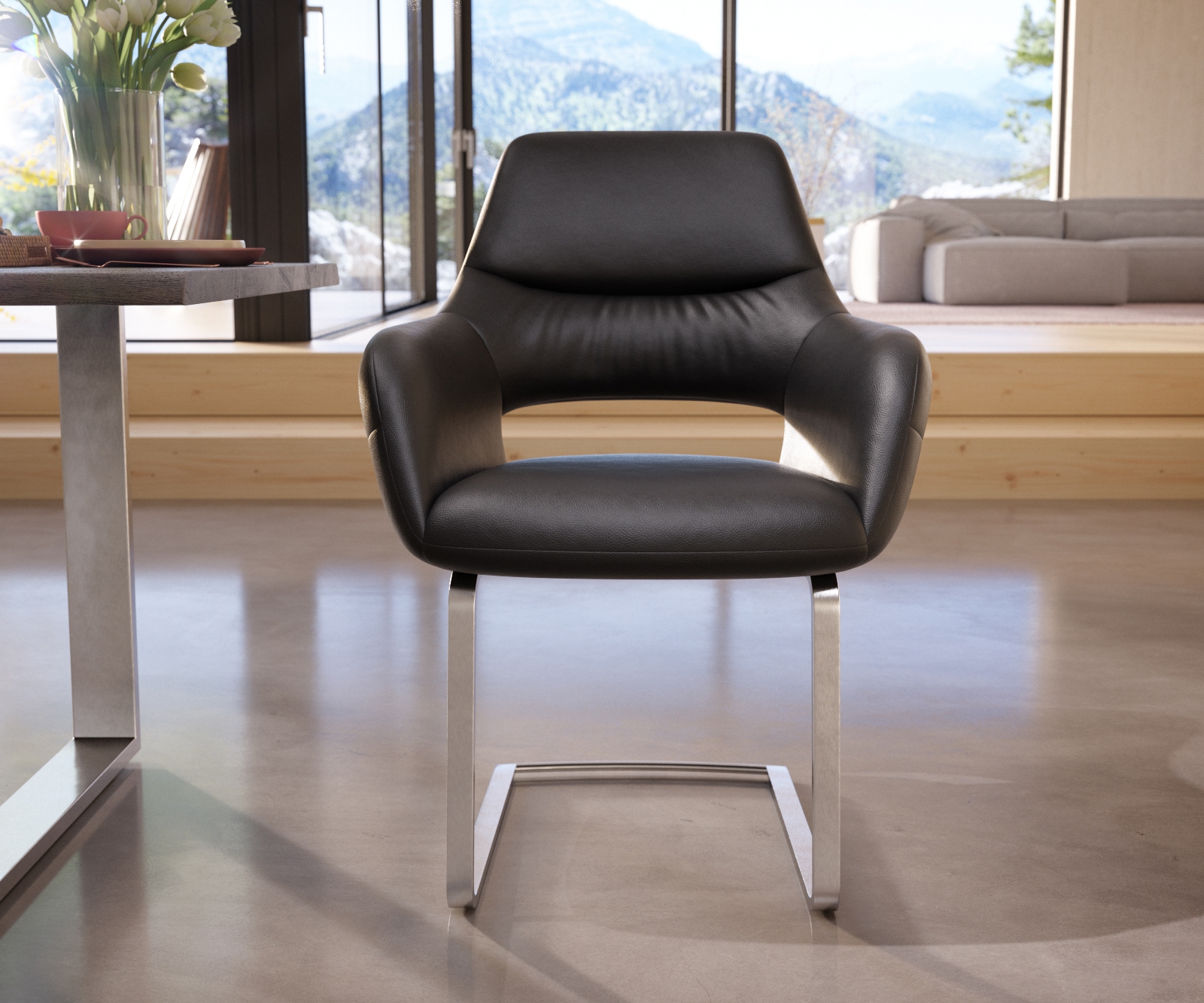 Freischwinger Yago-Flex mit Armlehnen Echt-Leder Schwarz Freischwinger flach Edelstahl Taschenfederkern 1 Freischwinger Yago-Flex mit Armlehnen Echt-Leder Schwarz Freischwinger flach Edelstahl Taschenfederkern 1