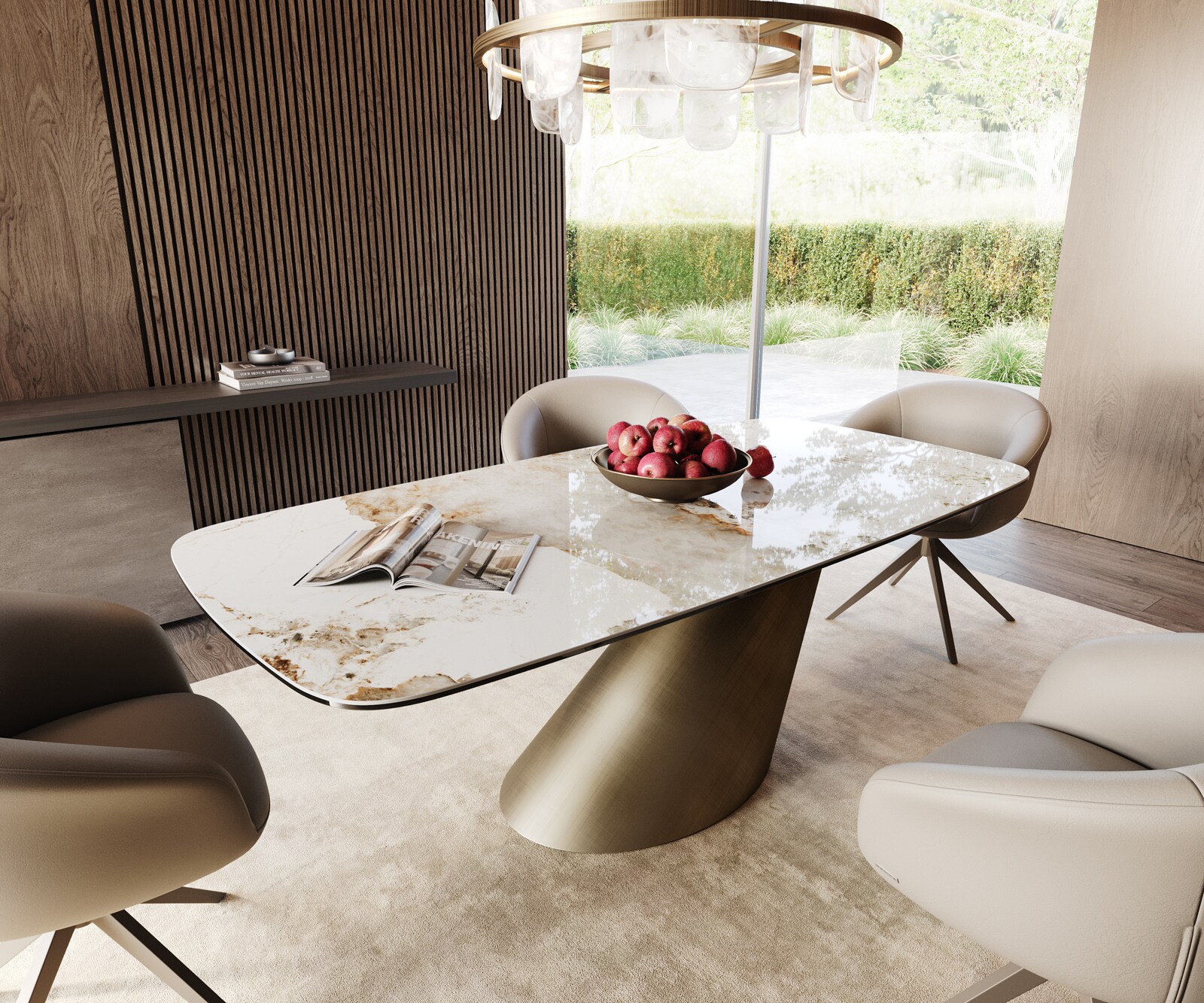 Table à manger Edge Boot 200x100 céramique Minas mélange blanc-beige Cono métallique doré 1