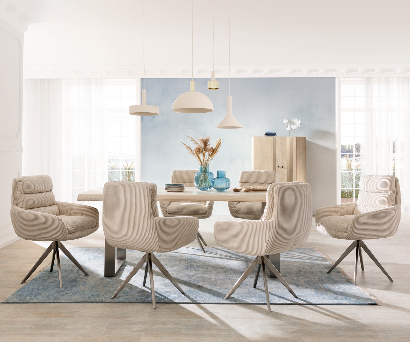 Esszimmerstuhl Abelia-Flex mit Armlehnen Cord Beige Kreuzgestell kantig Edelstahl 3 Esszimmerstuhl Abelia-Flex mit Armlehnen Cord Beige Kreuzgestell kantig Edelstahl 3