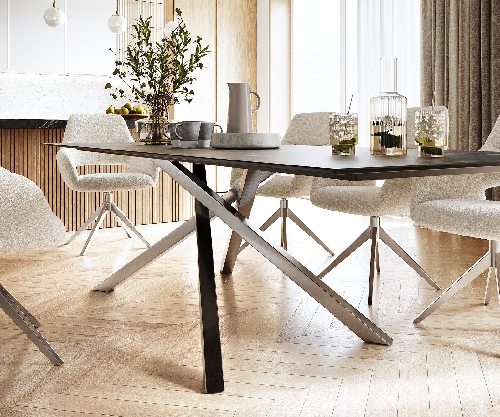 Esstisch Edge 300x100cm Keramik Laminam®Noir Desir Braun Kreuzgestell Rechteck Edelstahl 4