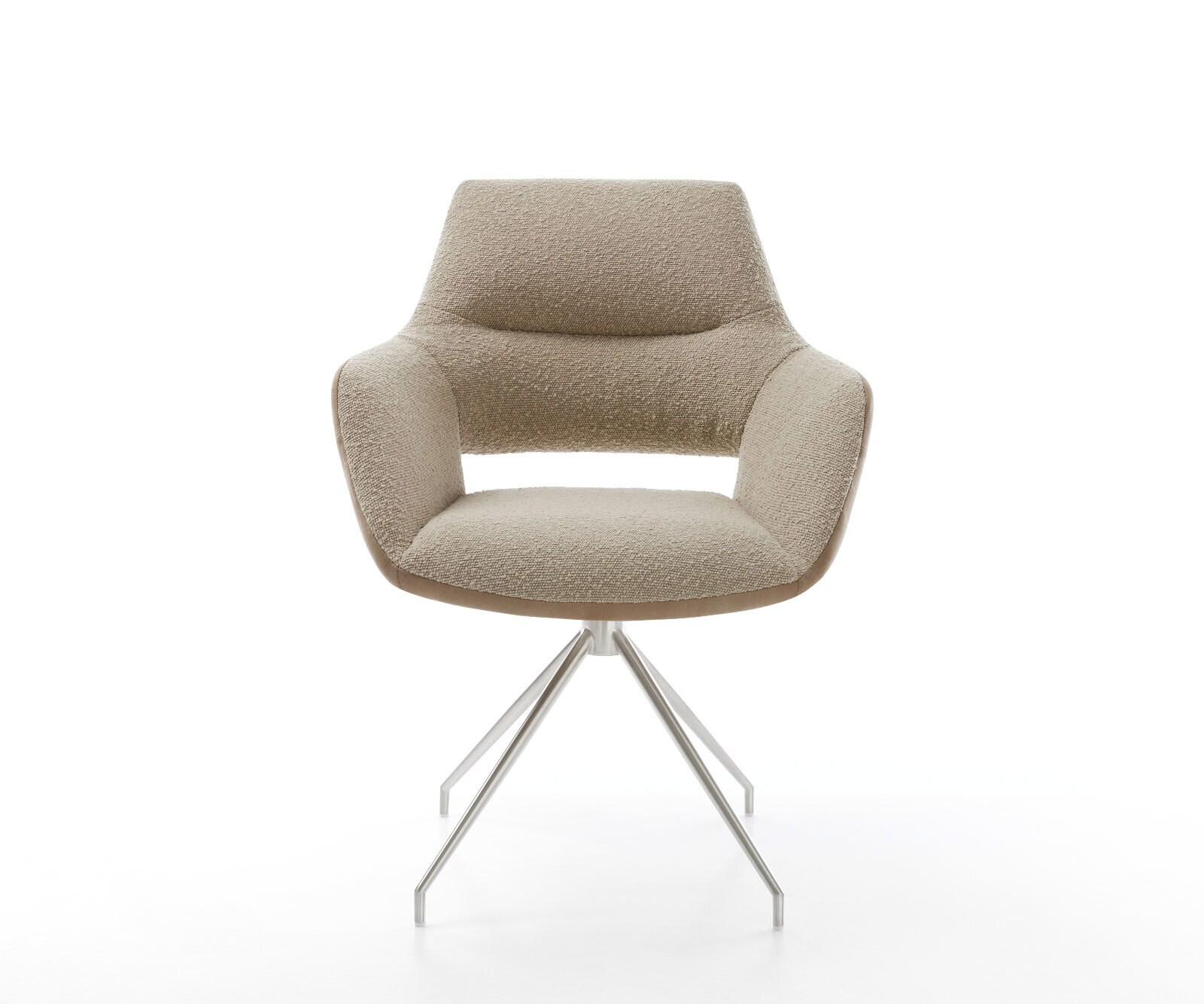 Chaise-pivotante Yago-Flex avec accoudoirs tissu mixte couleur boue pied croisé conique acier inoxydable brossé pivotement sur 180° ressorts ensachés 2