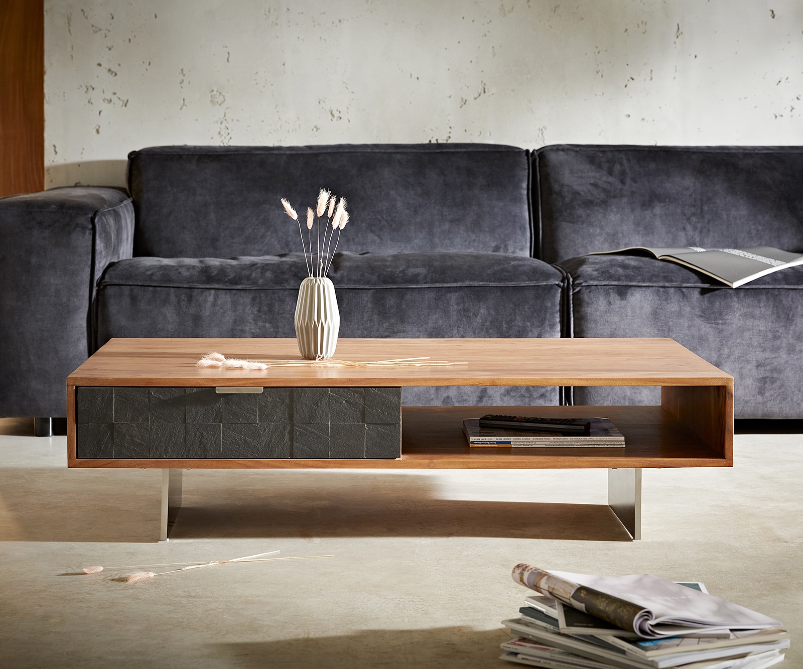 Couchtisch Teele 115x60 cm Akazie Natur Schiefer 2 Schubfächer Fuß schwebend Edelstahl 1 Couchtisch Teele 115x60 cm Akazie Natur Schiefer 2 Schubfächer Fuß schwebend Edelstahl 1