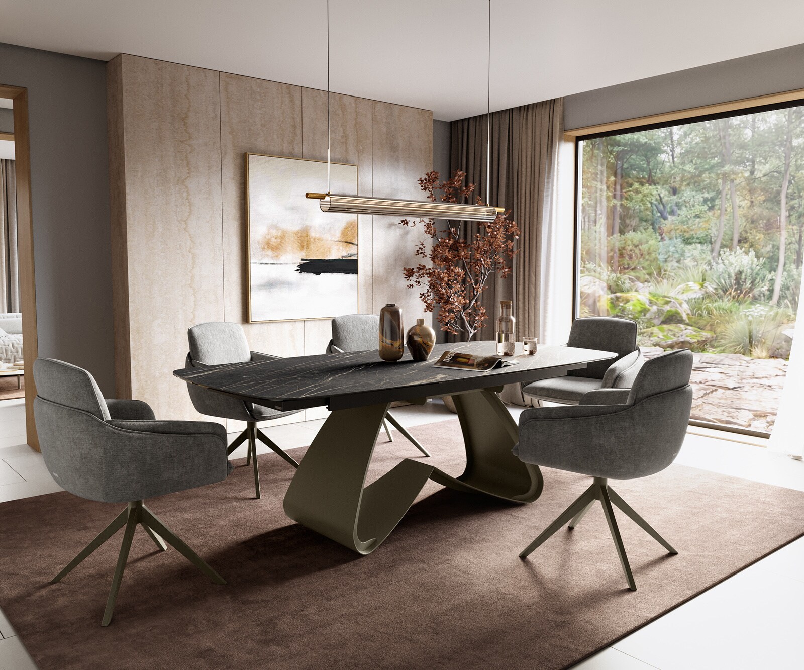 Esstisch Edge Boot 180-220x100 cm Laminam® Keramik Noir Desir Braun W-Gestell Metall Effektfinish Titan ausziehbar 5