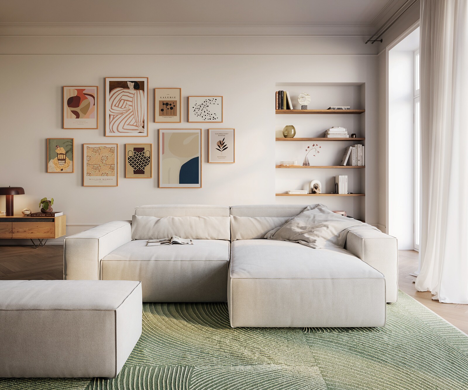 Canapé d'angle Sirpio XL 270x170 cm Tissu texturé doux Beige Méridienne modulable avec pouf 1