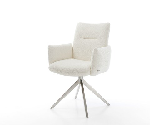 Chaise-pivotante Jova-Flex bouclé blanc pied croisé large acier inoxydable brossé pivotement sur 360° fonction bascule ressorts ensachés