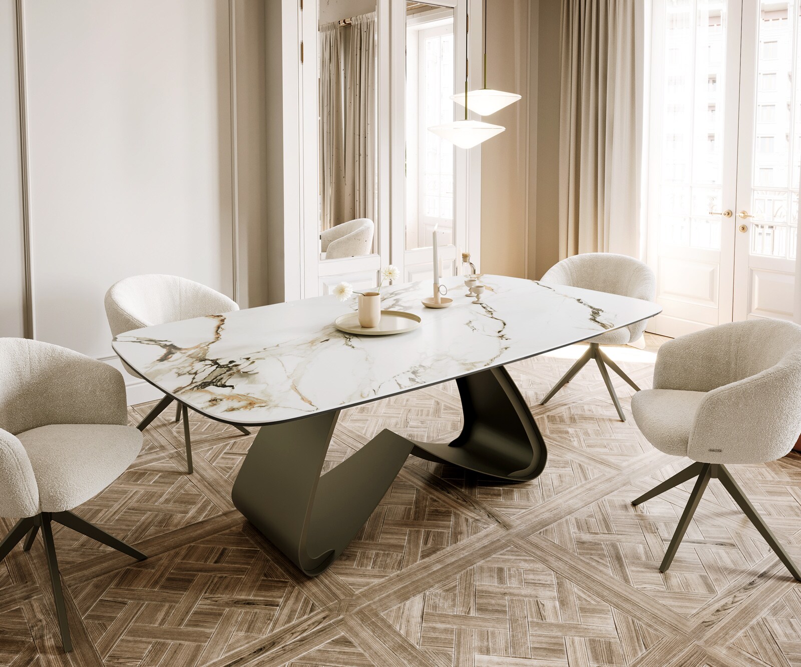 Table à manger Edge Boot 200x100 céramique Calacatta Luxe blanc-doré-gris cadre en W métal effet finition titanee 1