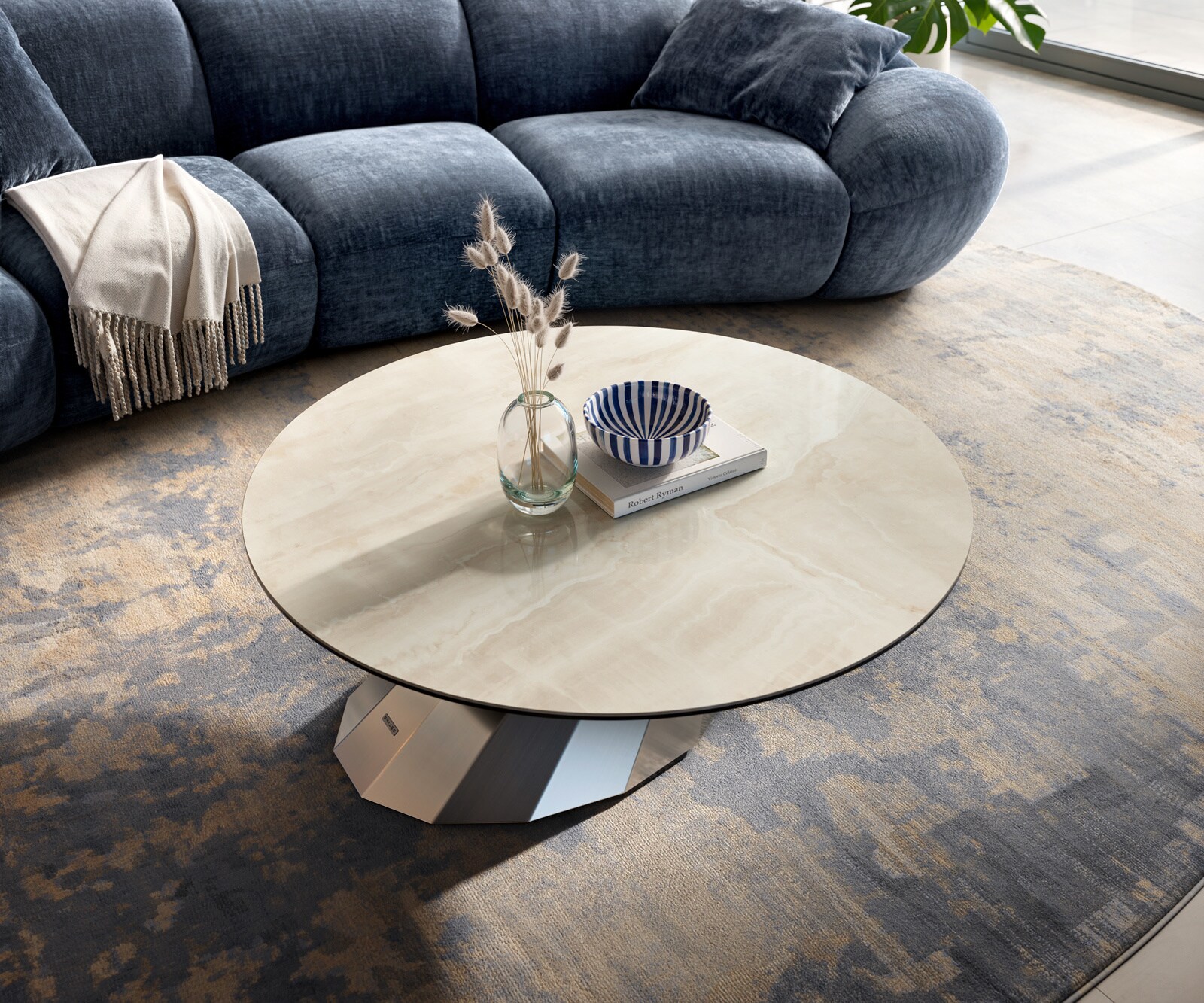 Table basse Edge ronde 100x100 cm céramique Onyx Champagne Parabi acier inoxydable brossé 2