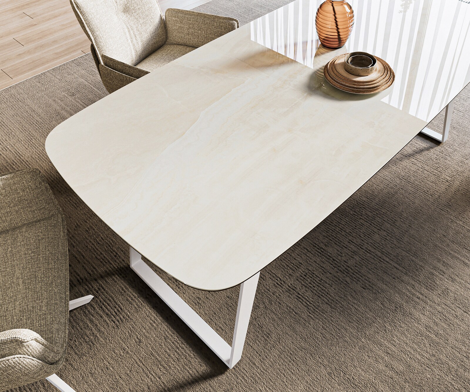 Esstisch Edge Boot 200x100 cm Keramik Onyx Champagne Metall Schräg Weiß 3