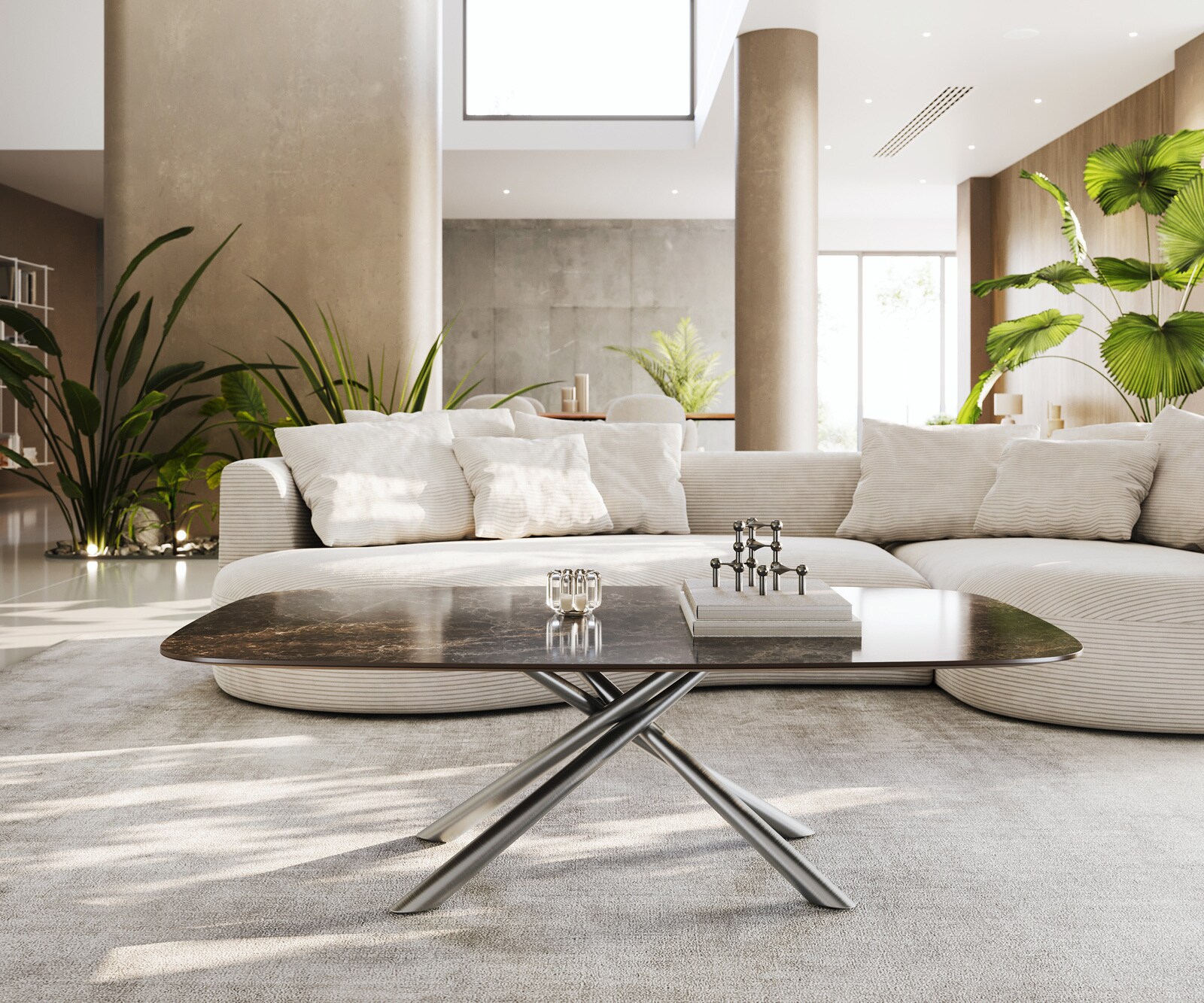 Couchtisch Edge Boot 140x80 cm Keramik Laminam® Emperador Extra Lucidato Dunkelbraun Sarity Edelstahl gebürstet 1