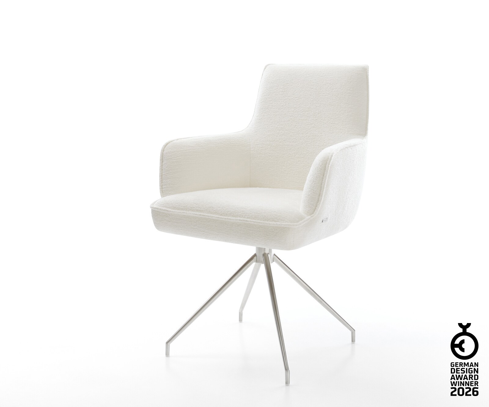 Esszimmerstuhl Heira-Flex mit Armlehnen Bouclé Soft Beige Kreuzgestell konisch Edelstahl Taschenfederkern 1