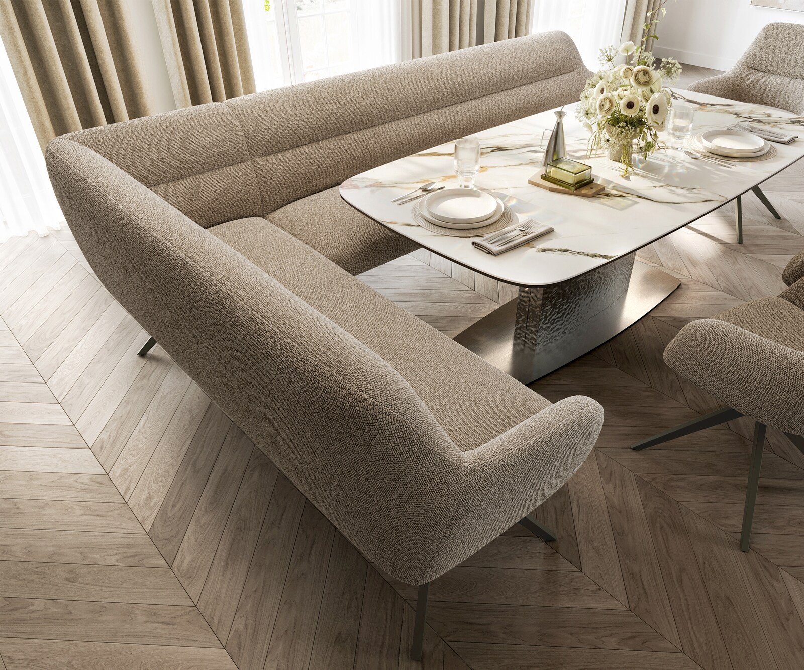 Esszimmerbank Taya-Flex 285x190 cm Bouclé Schlamm Kreuzgestell kantig Effektfinish Titan Taschenfederkern Rechts 3