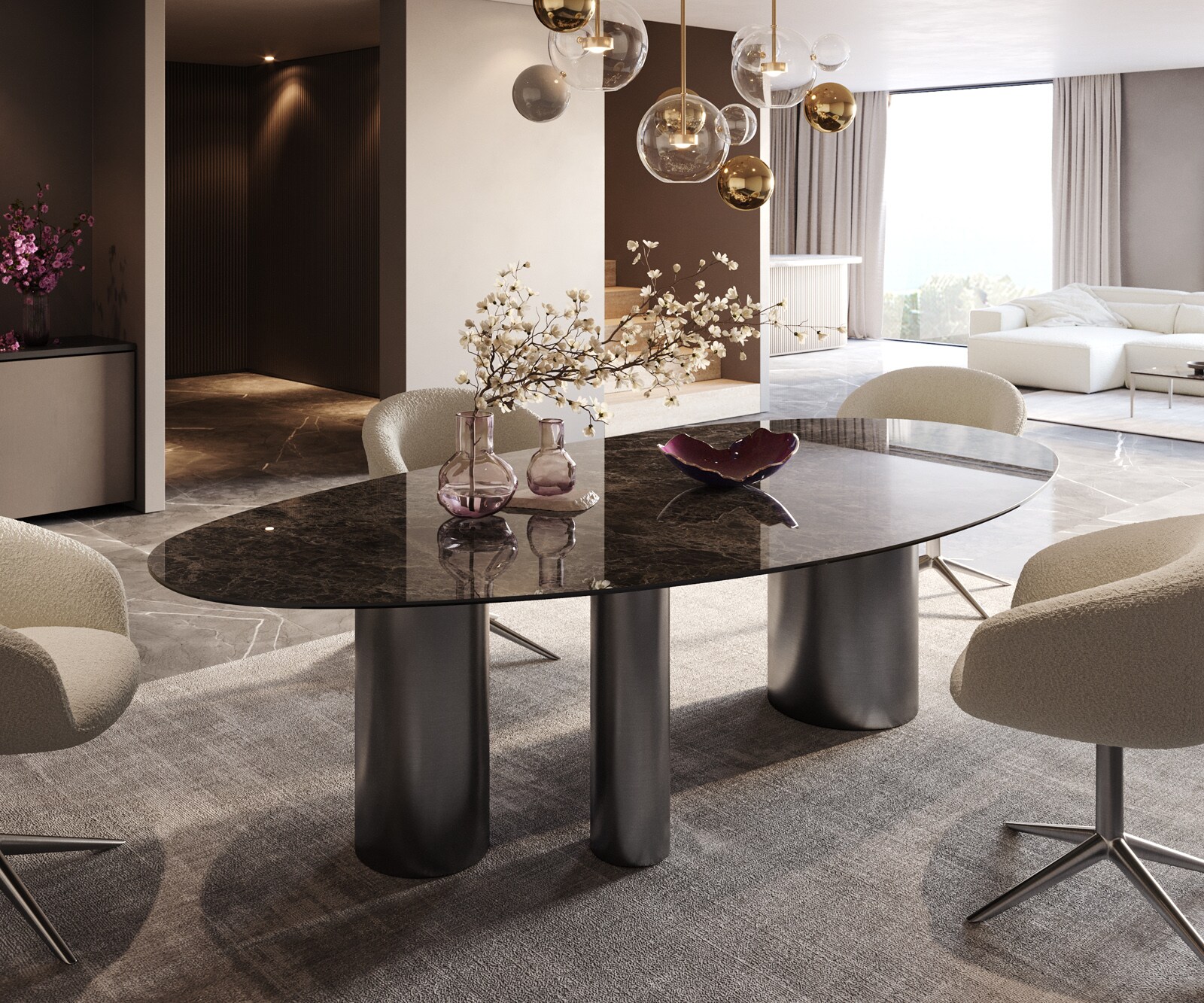 Esstisch Edge Oval 280x130 Keramik Laminam®Emperador Extra Lucidato Dunkelbraun Troa Edelstahl Graphit