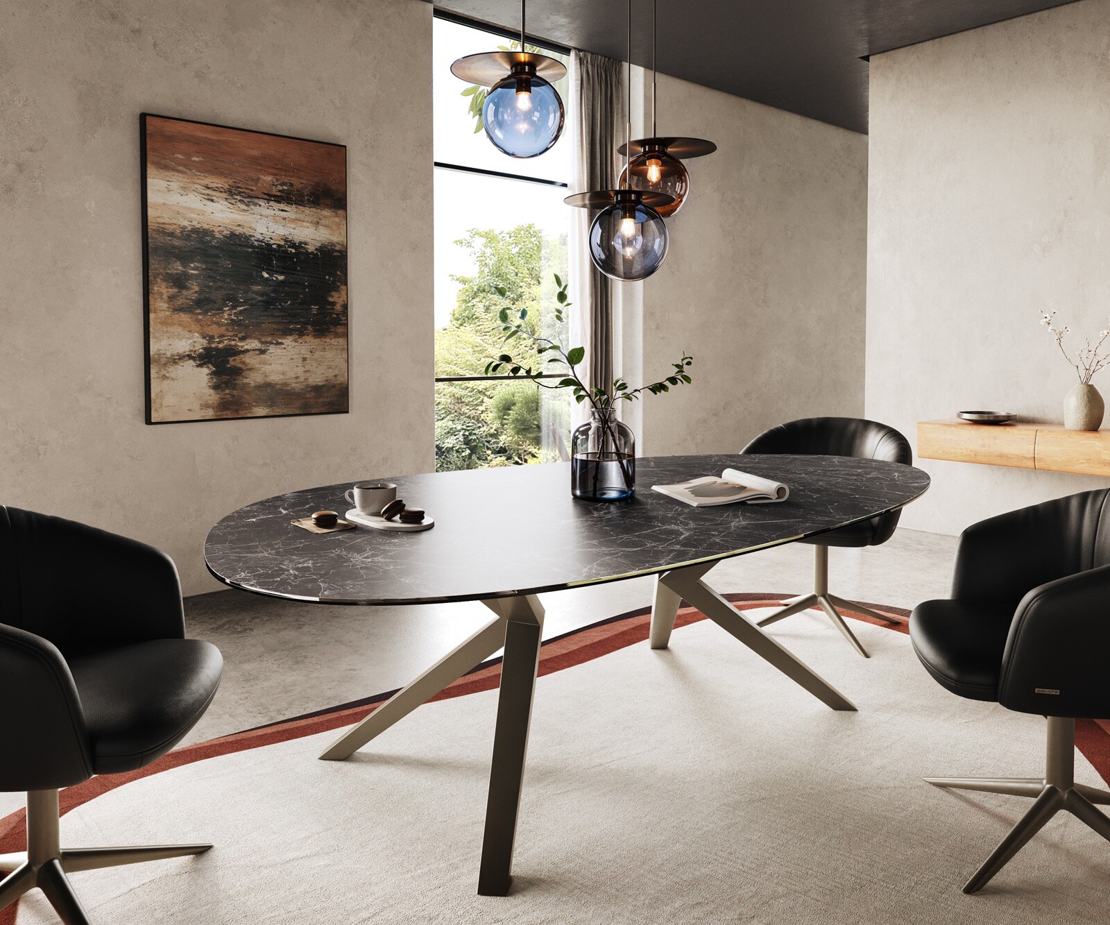 Esstisch Edge Oval 220x120 Keramik Laminam® Nero Greco Anthrazit Zenthara kantig Metall Effektfinish Titan 1