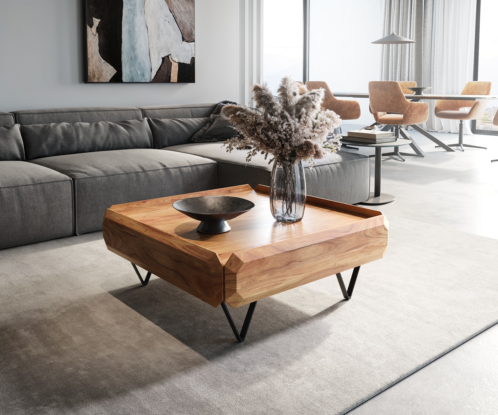 Couchtisch Kiano 90x90 cm Akazie Natur 2 Schübe V-Fuß Schwarz Couchtisch Kiano 90x90 cm Akazie Natur 2 Schübe V-Fuß Schwarz