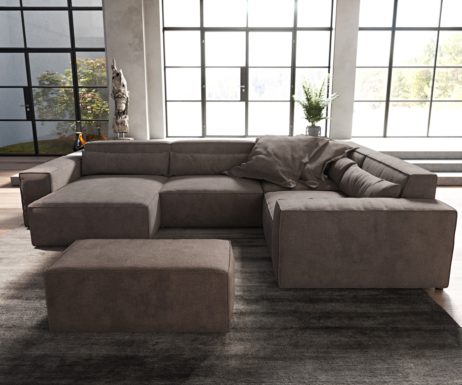 Wohnlandschaft Sirpio 300x200 cm Mikrofaser Khakibraun Recamiere variabel mit Hocker 1